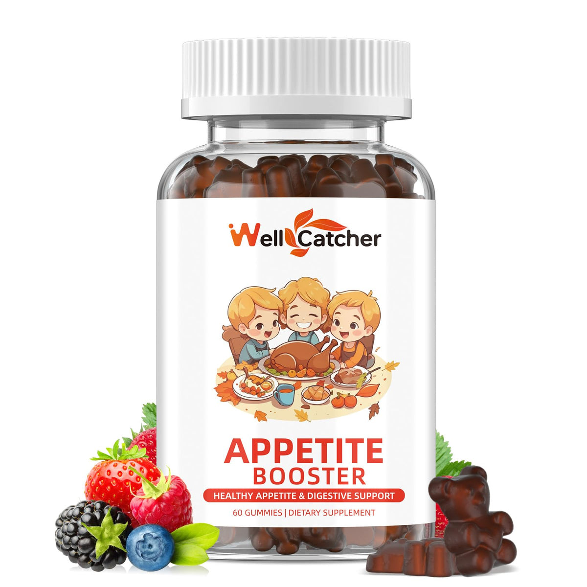 Wellcatcher gomitas de apetito, frasco visible, apoyo diario para la comida familiar