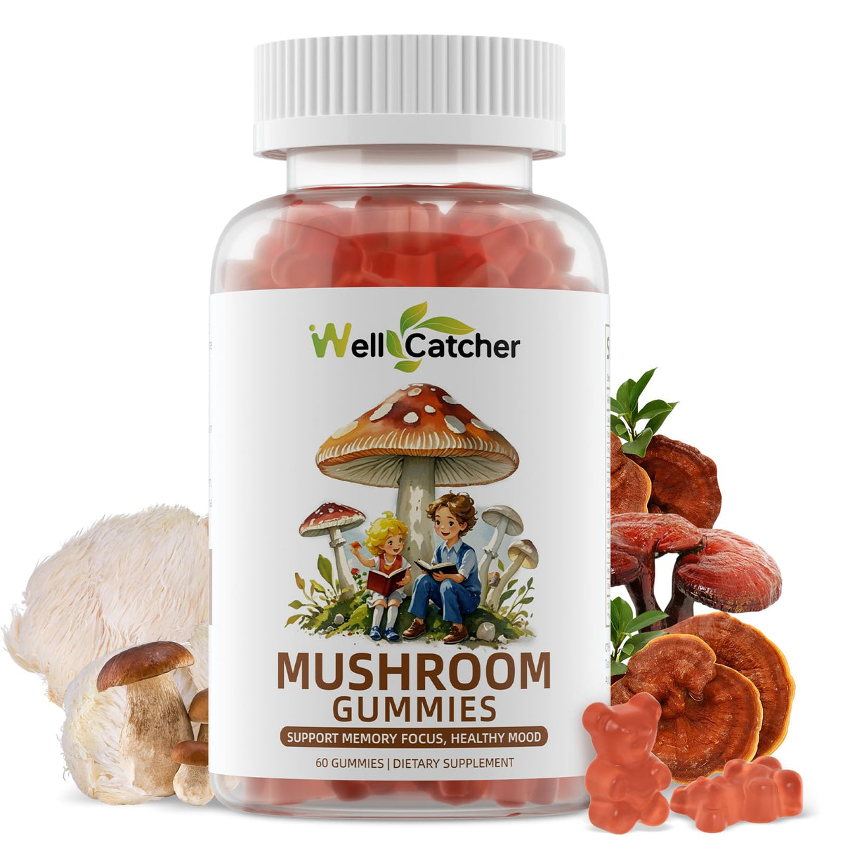 Wellcatcher gomitas hongos con ashwagandha, sabor fruta mixta para claridad mental.