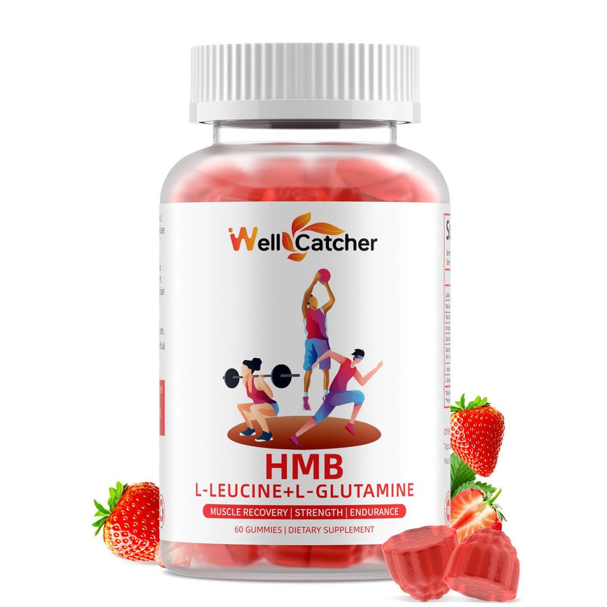 Gomitas Wellcatcher HMB y Leucina sabor fresa en envase, snack previo entreno