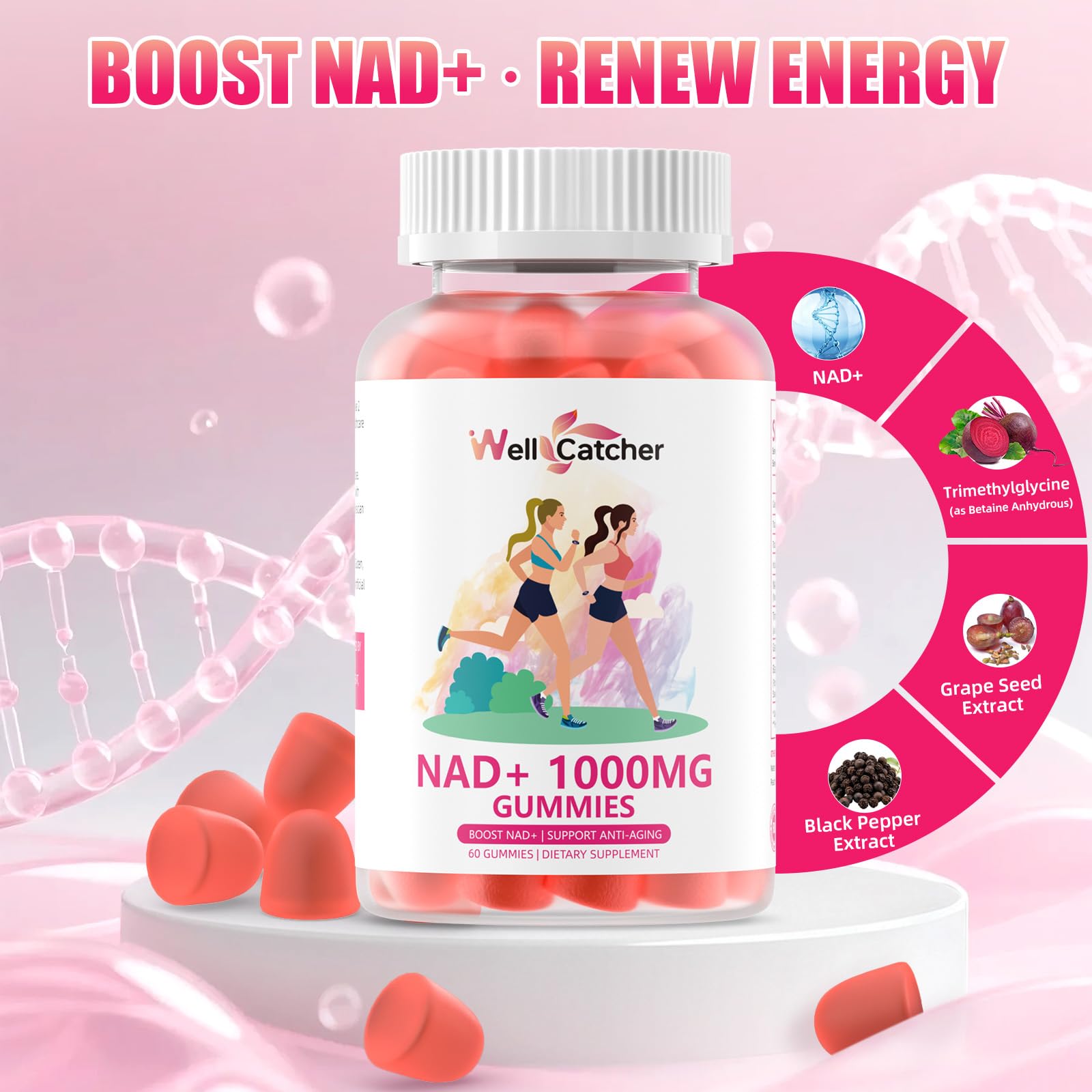 Wellcatcher NAD+ gominolas sin azúcar, aptas para dietas veganas.