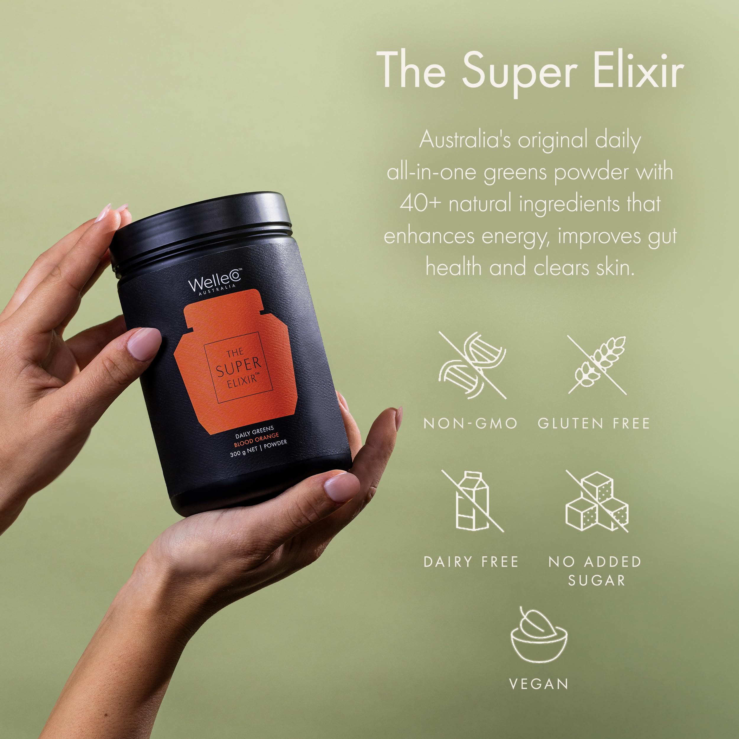 Sabor piña-lima de WelleCo Elixir Diario Super Verdes, mezcla probiótica.