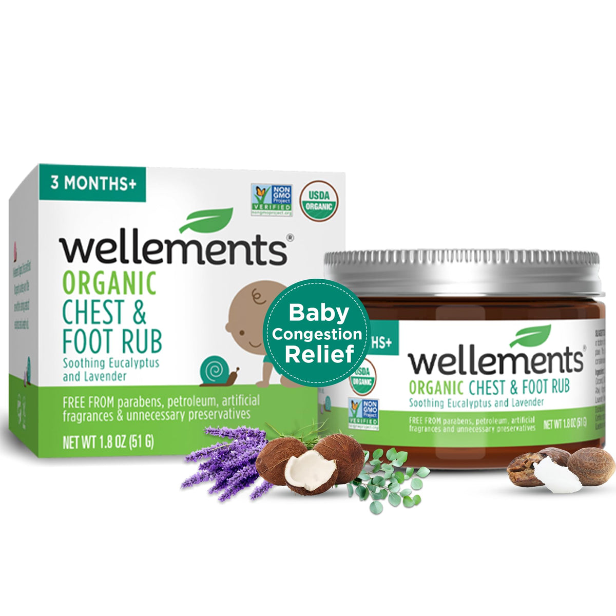Wellements balsamo para pecho y pies de bebé, suaviza áreas sensibles con aroma calmante.