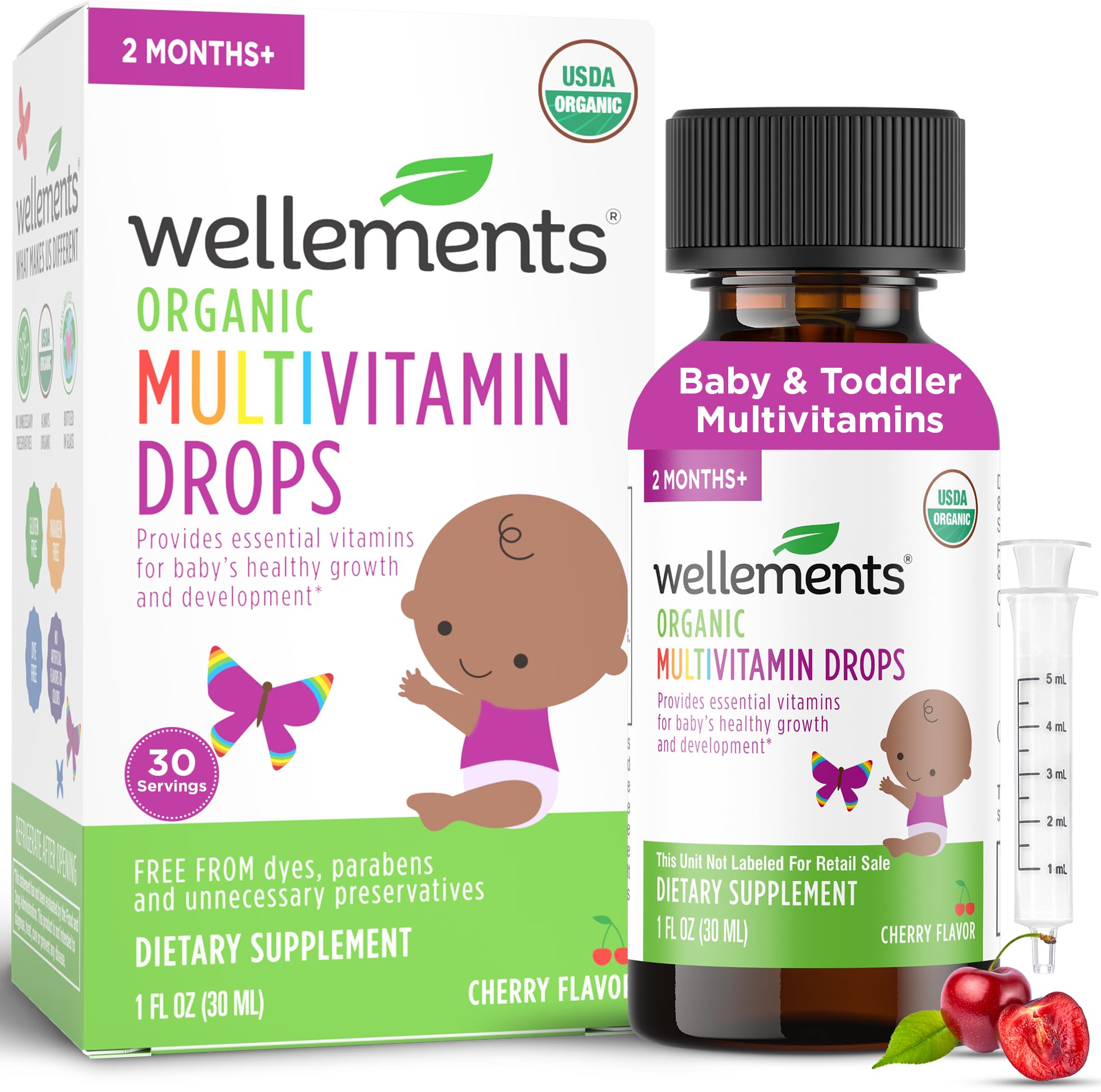 Wellements botella de gotas multivitaminas bebé, sabor cereza, fácil toma diaria.