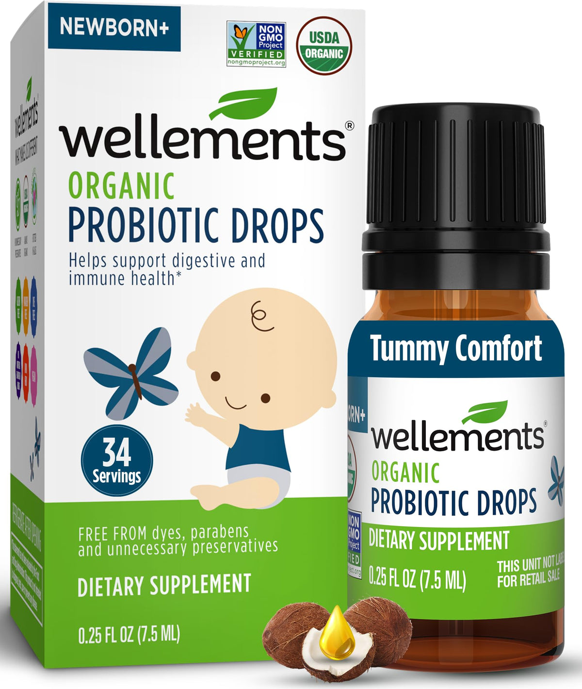 Wellements Drops: biberon en uso para apoyar la digestion diaria del bebe.