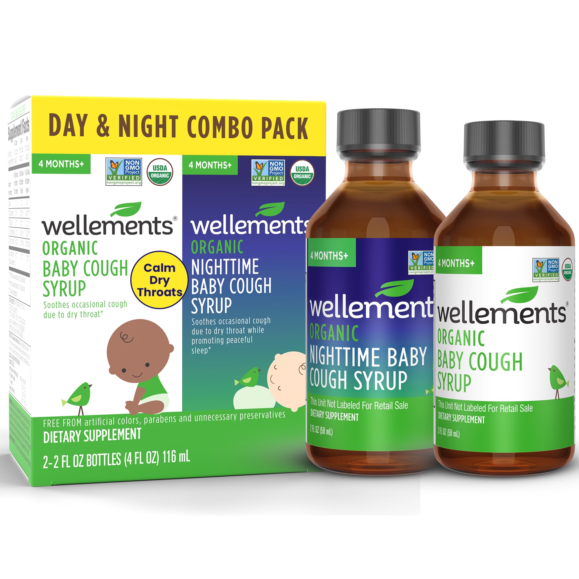 Wellements jarabe para bebés, pack Día y Noche, calma la garganta irritada.