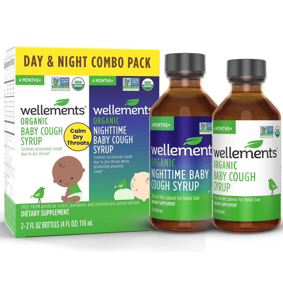 Wellements jarabe para bebés, pack Día y Noche, calma la garganta irritada.