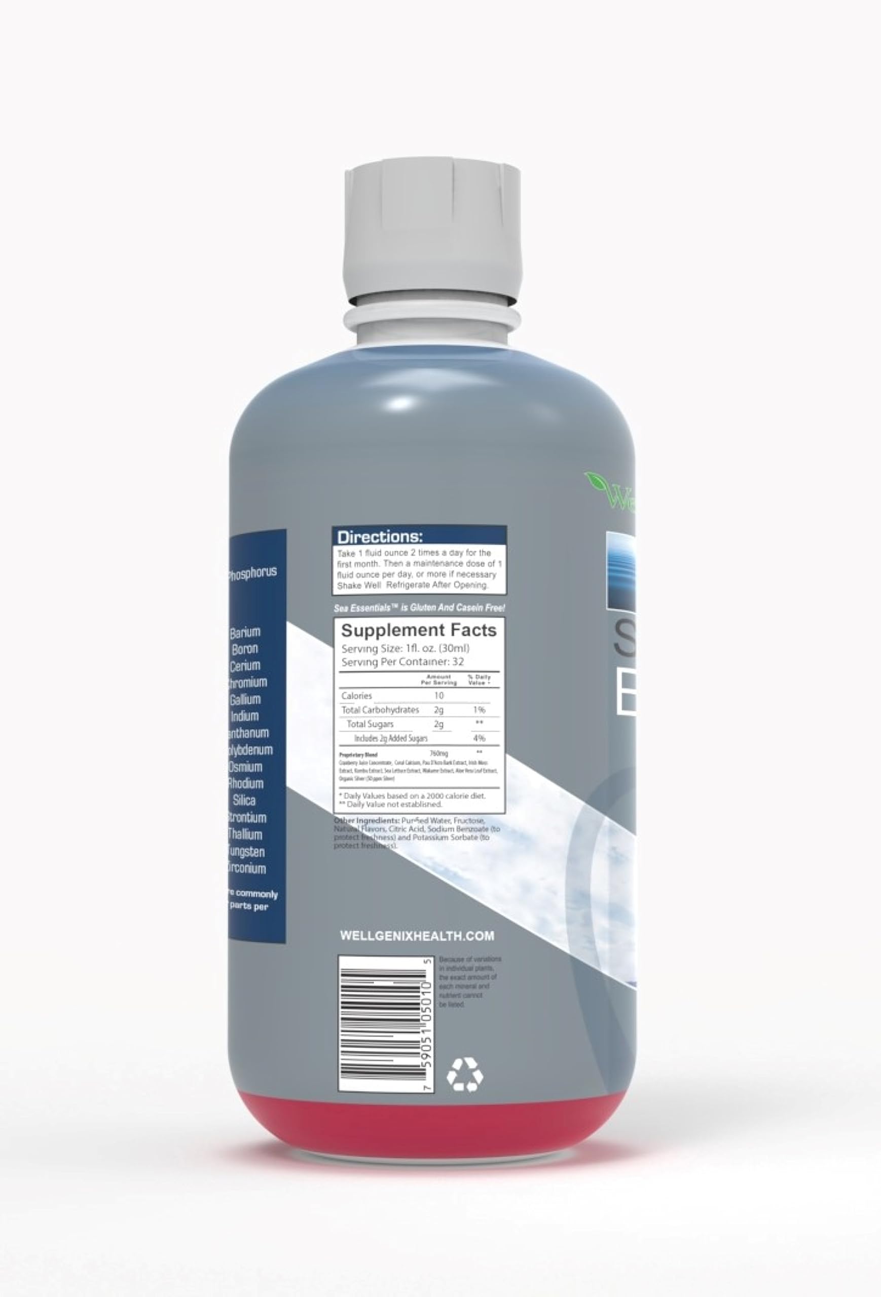 Etiqueta detallada de Wellgenix Sea Essentials con ingredientes marinos.
