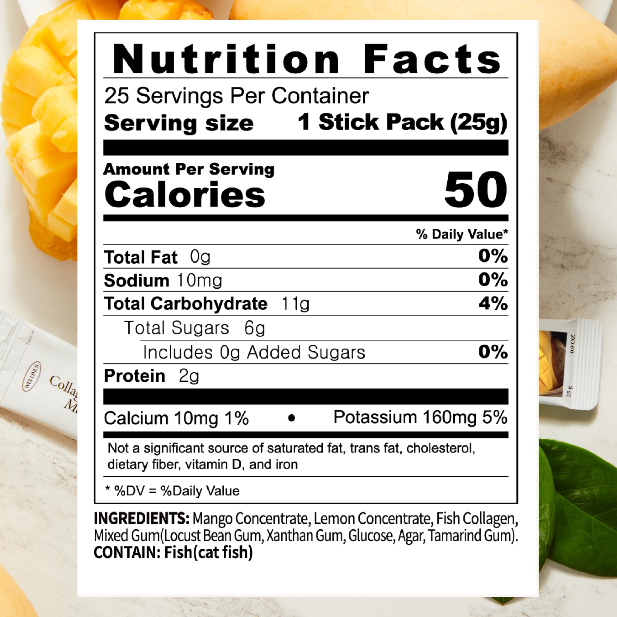 Wellinus palitos de colágeno mango, primer plano sabor mango para snack delicioso