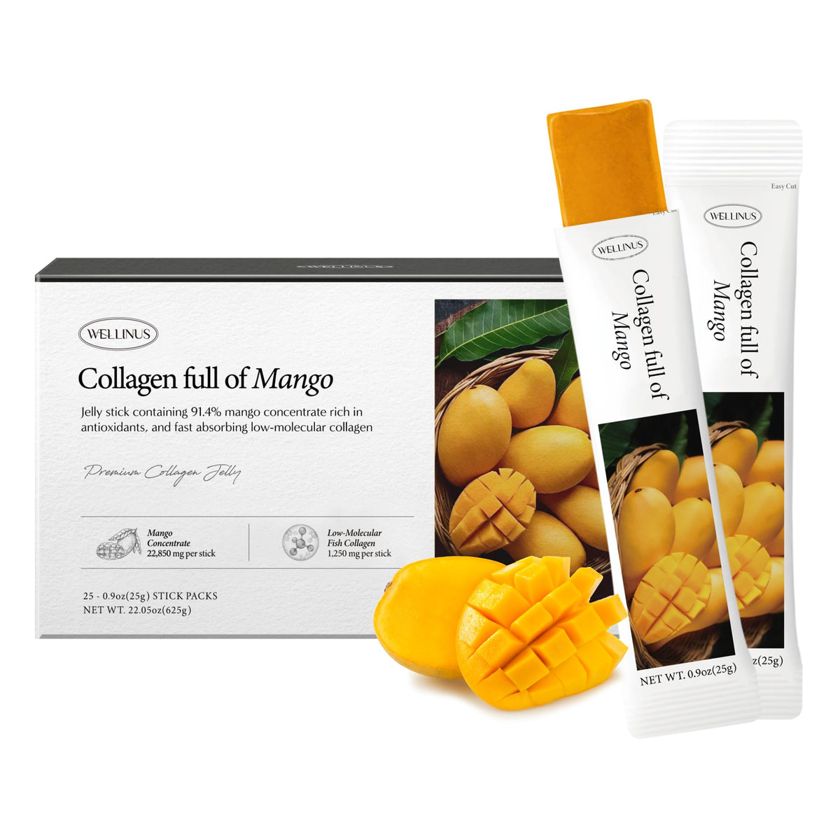 Wellinus palitos de colágeno mango, empaque frontal para llevar y comprar rápido