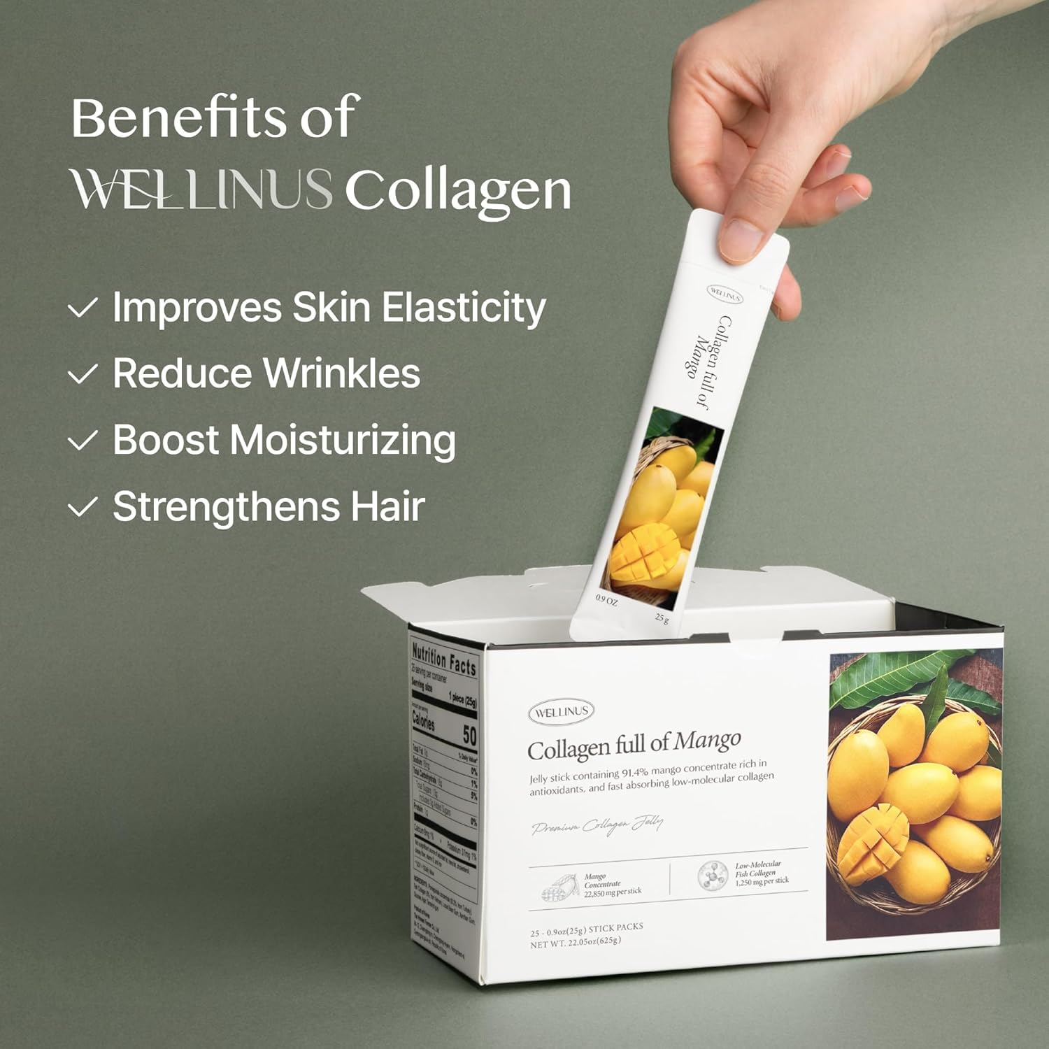 Wellinus palitos de colágeno en mano, uso diario para cuidar piel y cabello