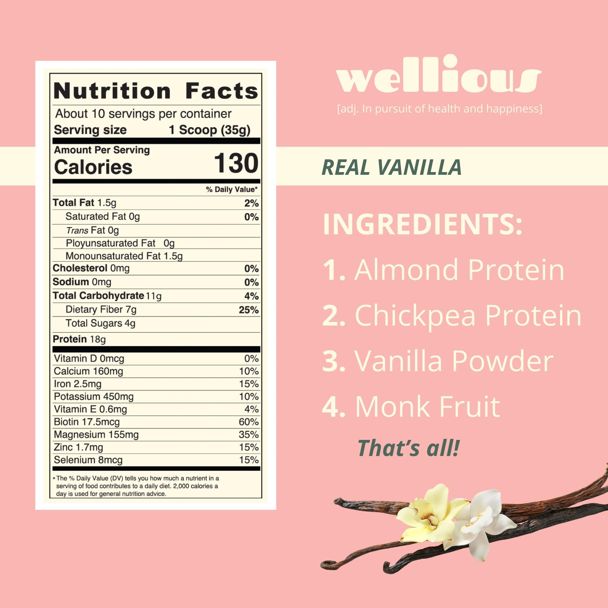 Cuchara medidora de Wellious, proteína vegana de almendra y vainilla para porciones claras