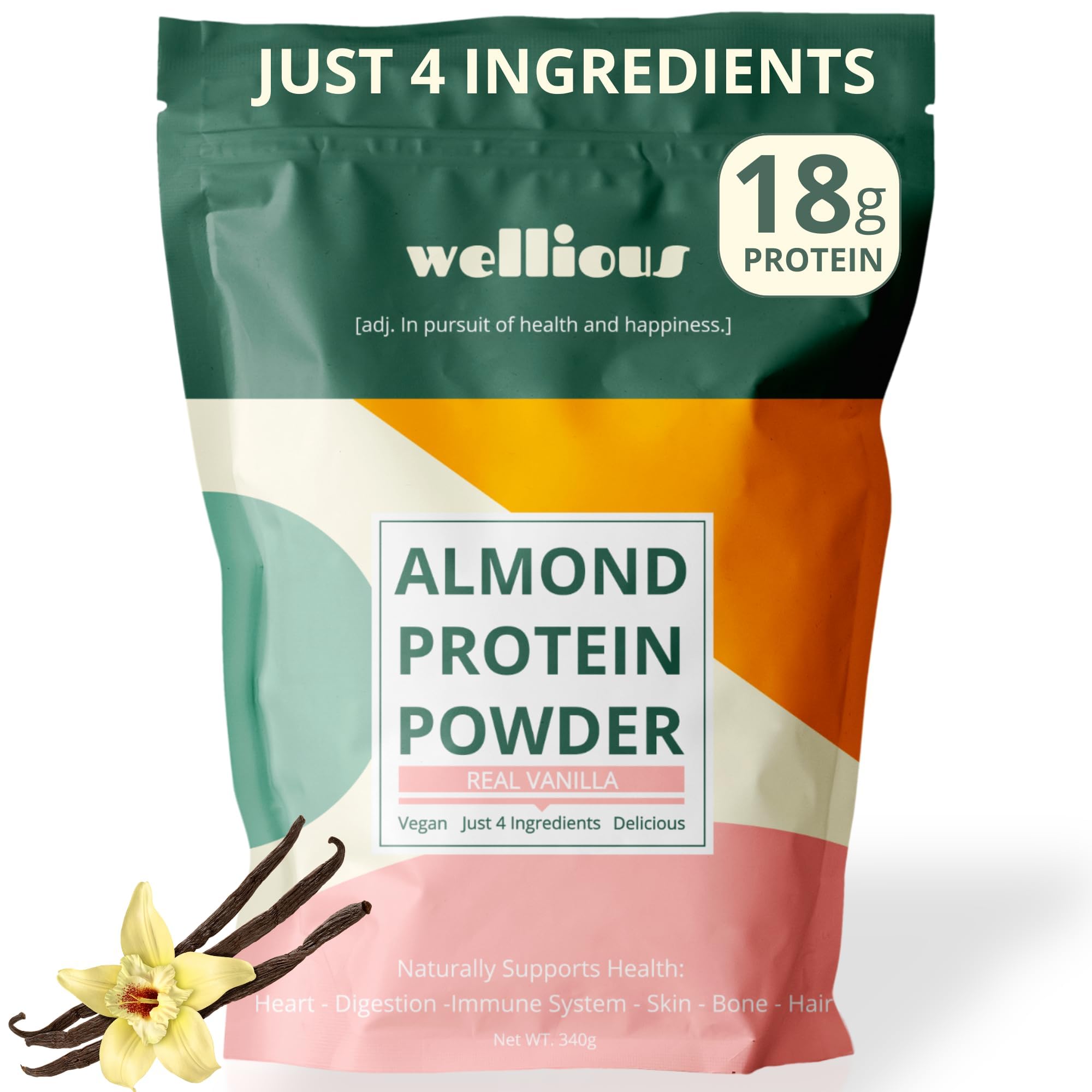 Wellious proteína de almendra en polvo vainilla en envase, control de porciones y facilidad de uso