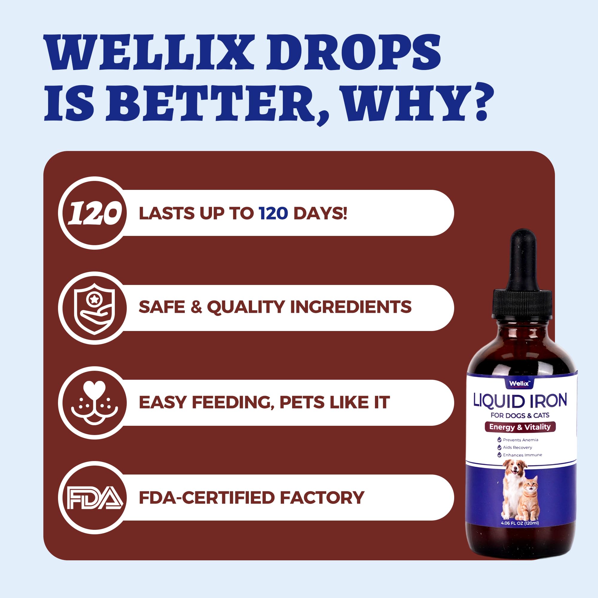 Wellix hierro líquido para gatos y cachorros, opción práctica para días activos.