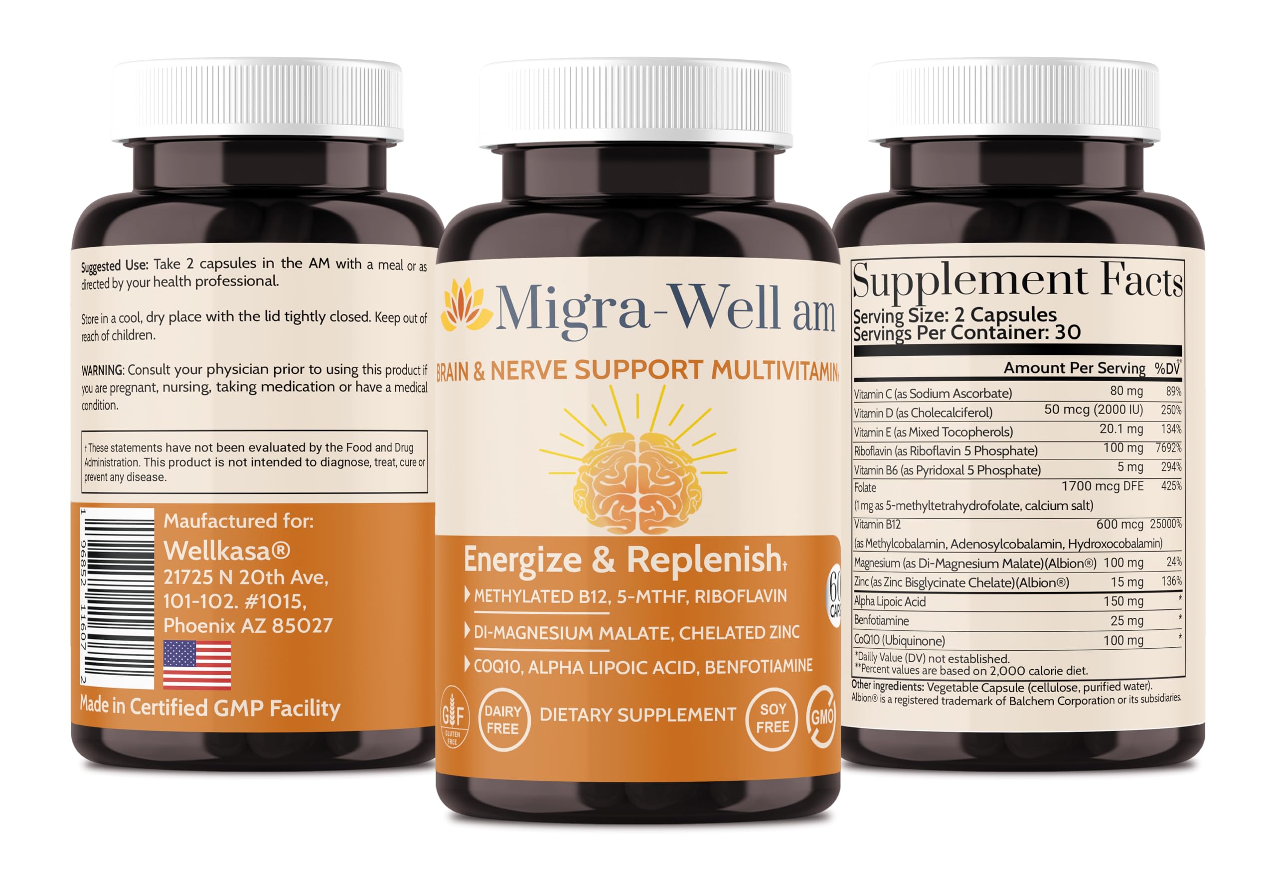 Wellkasa Migra-Well AM: ingredientes clave para energía y bienestar diario.