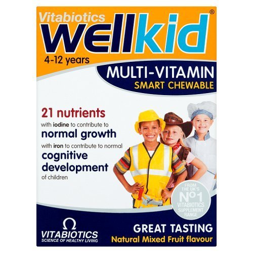 Wellkid multivitamínico masticable, tabletas en envase práctico, apoyo diario para niños activos.