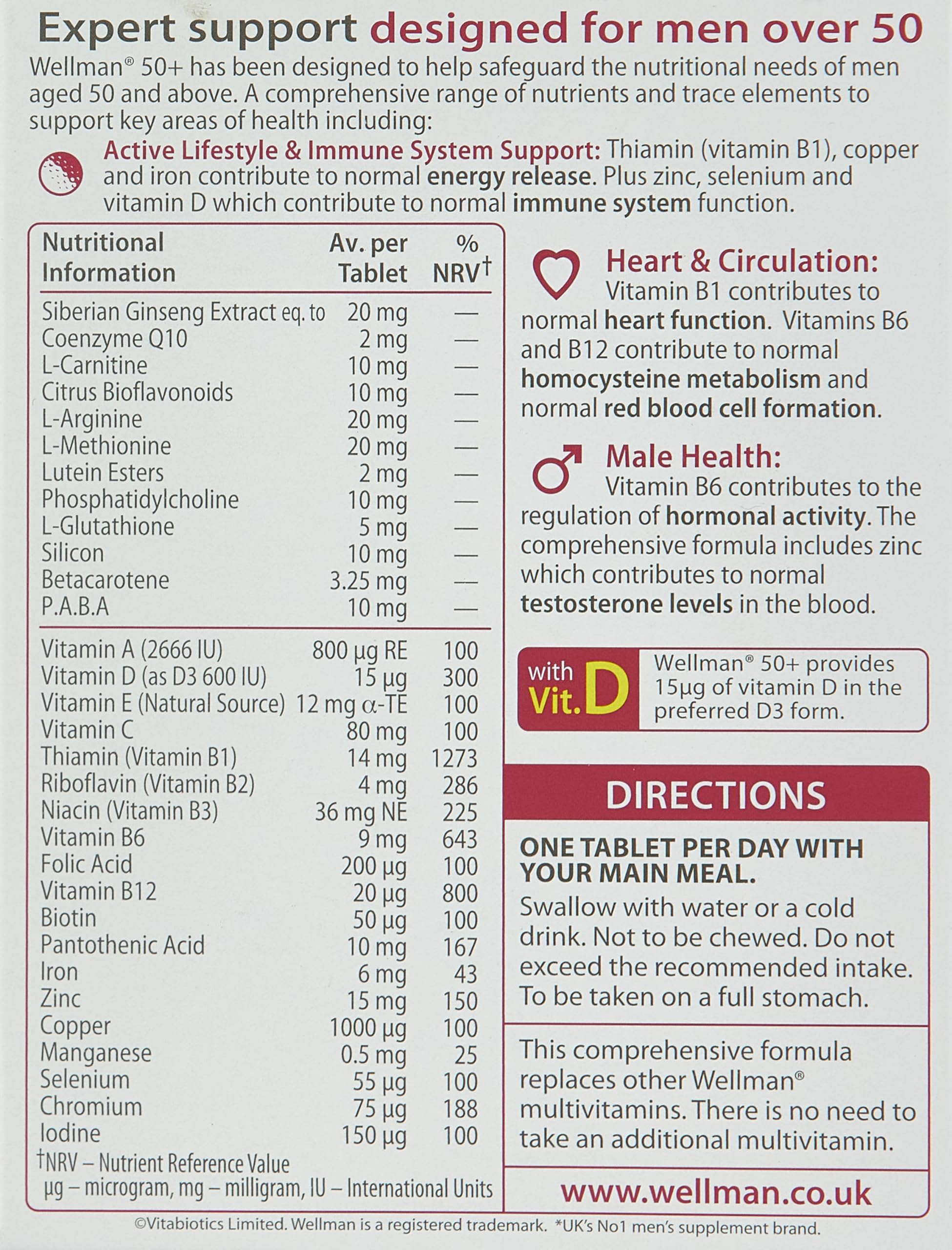 Wellman 50+ envase de tabletas: uso diario para vitalidad masculina.
