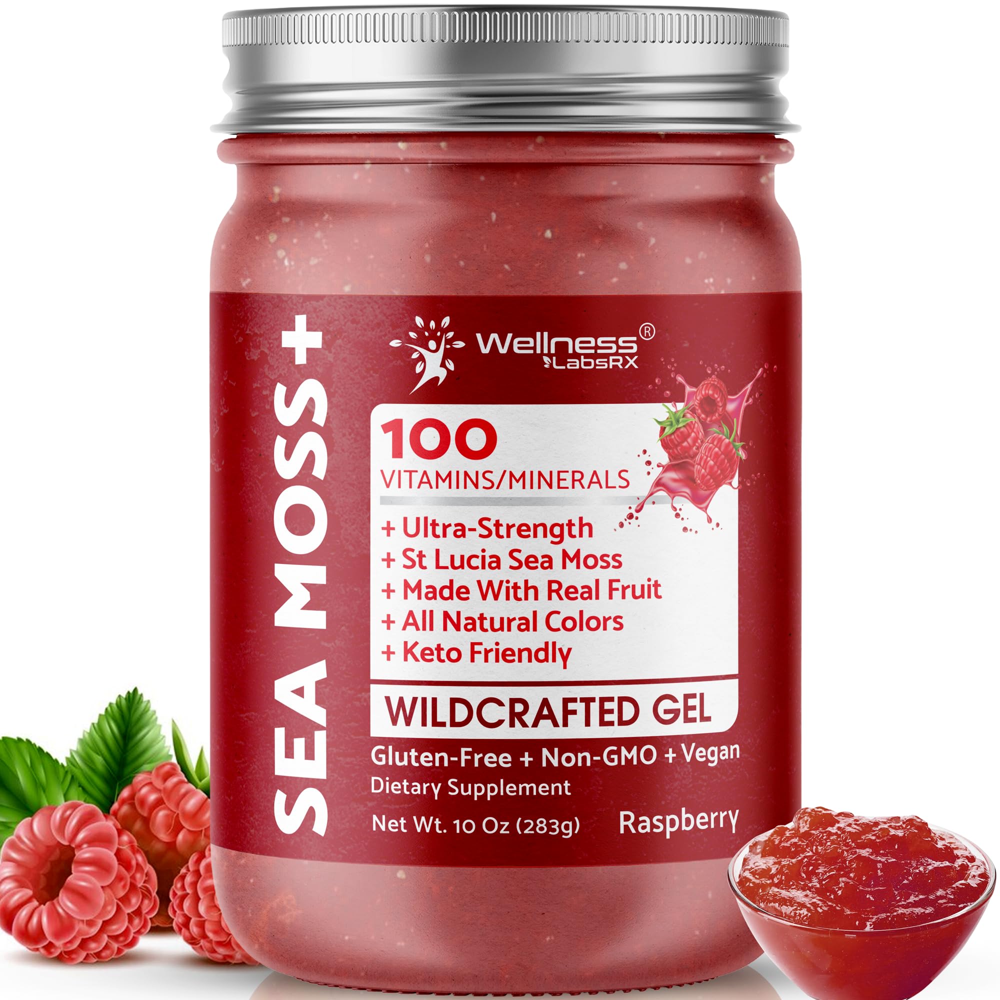 WELLNESS LABSRX gel musgo marino irlandes crudo sabor frambuesa en vaso para beber