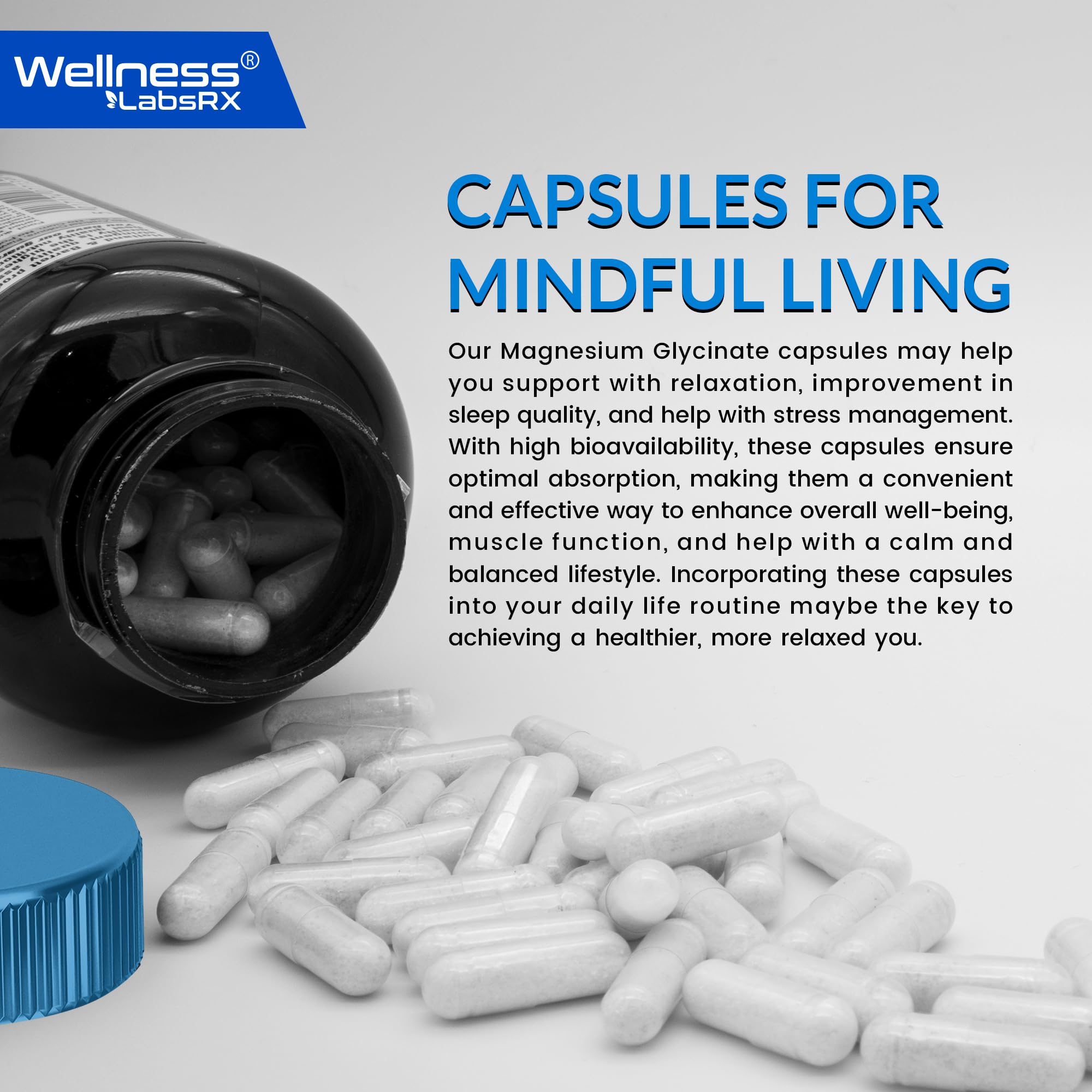 Dispensador de WELLNESS LABSRX Magnesio Glicinato, fácil manejo y dosificación.