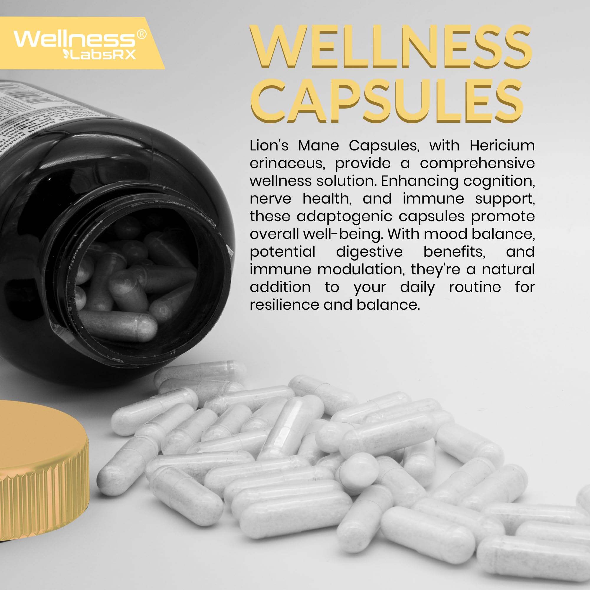 Pila de cápsulas Melena de León WELLNESS LABSRX, enfoque constante para la dosis diaria.
