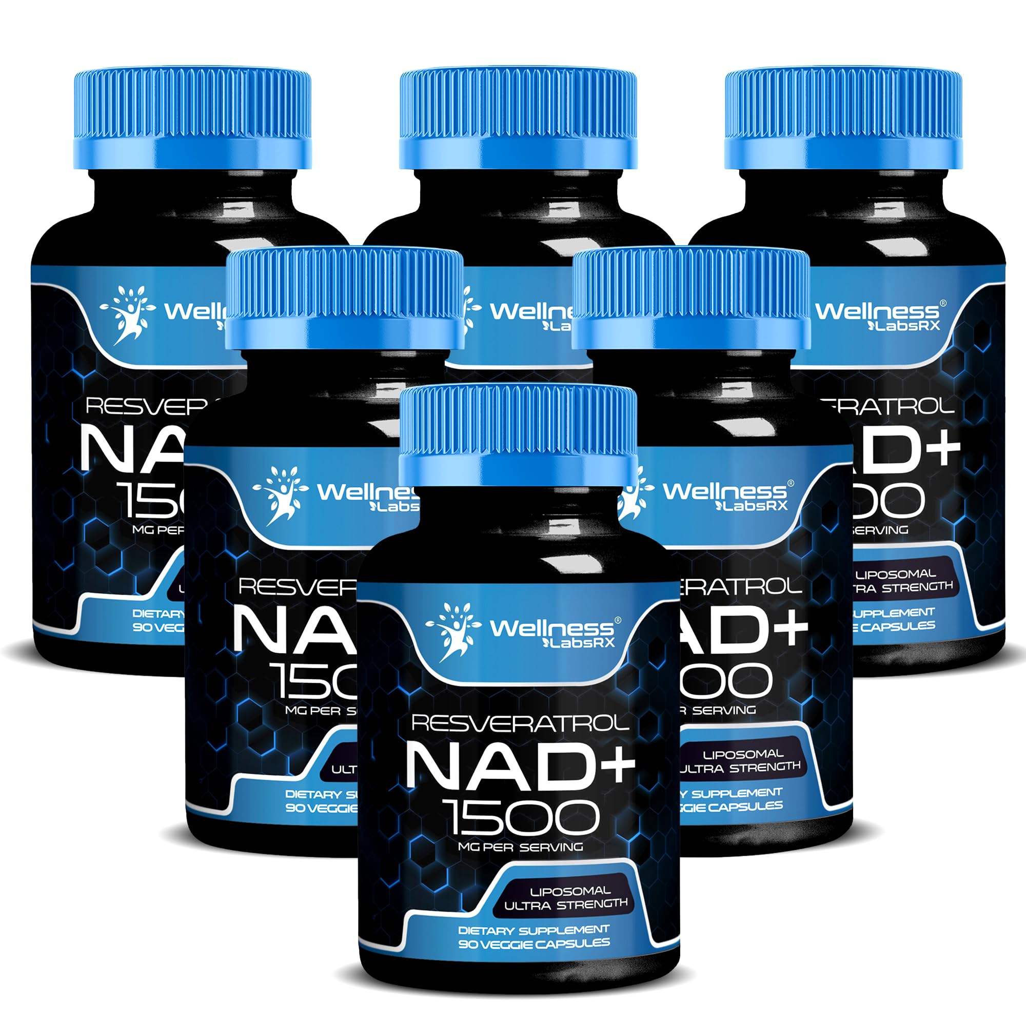 Wellness LabsRx NAD liposomales botella vista, mejora absorción y salud celular.