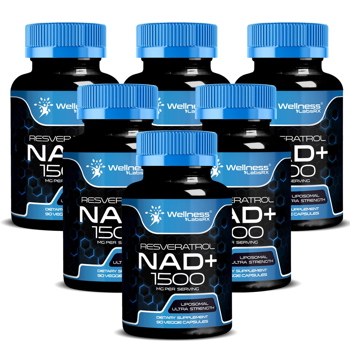 Wellness LabsRx NAD liposomales botella vista, mejora absorción y salud celular.