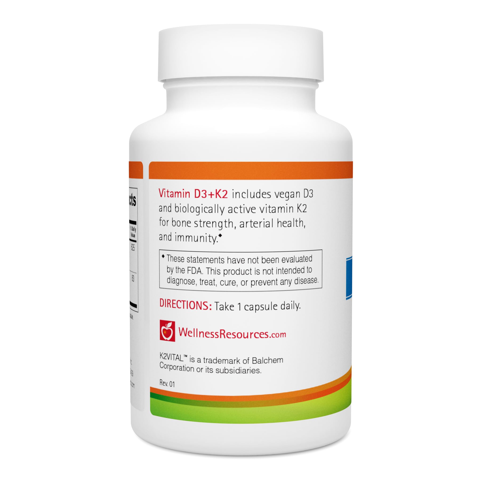 Wellness Resources, botella D3 K2 basada en plantas, fácil de tomar a diario.