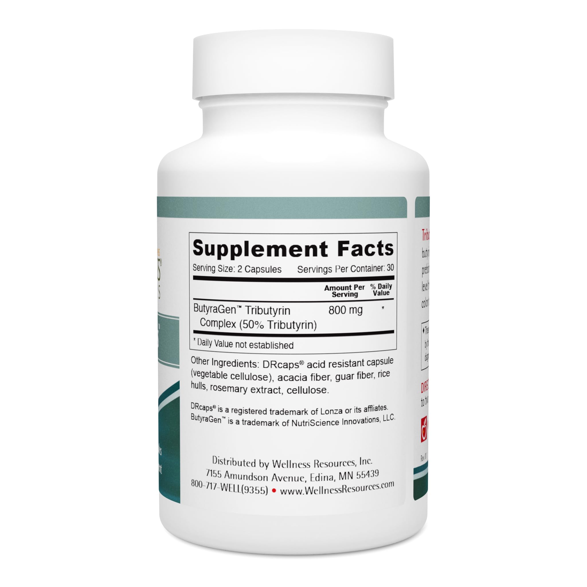 Wellness Resources Tributyrin Plus, cápsulas de absorción avanzada para balance del microbioma.