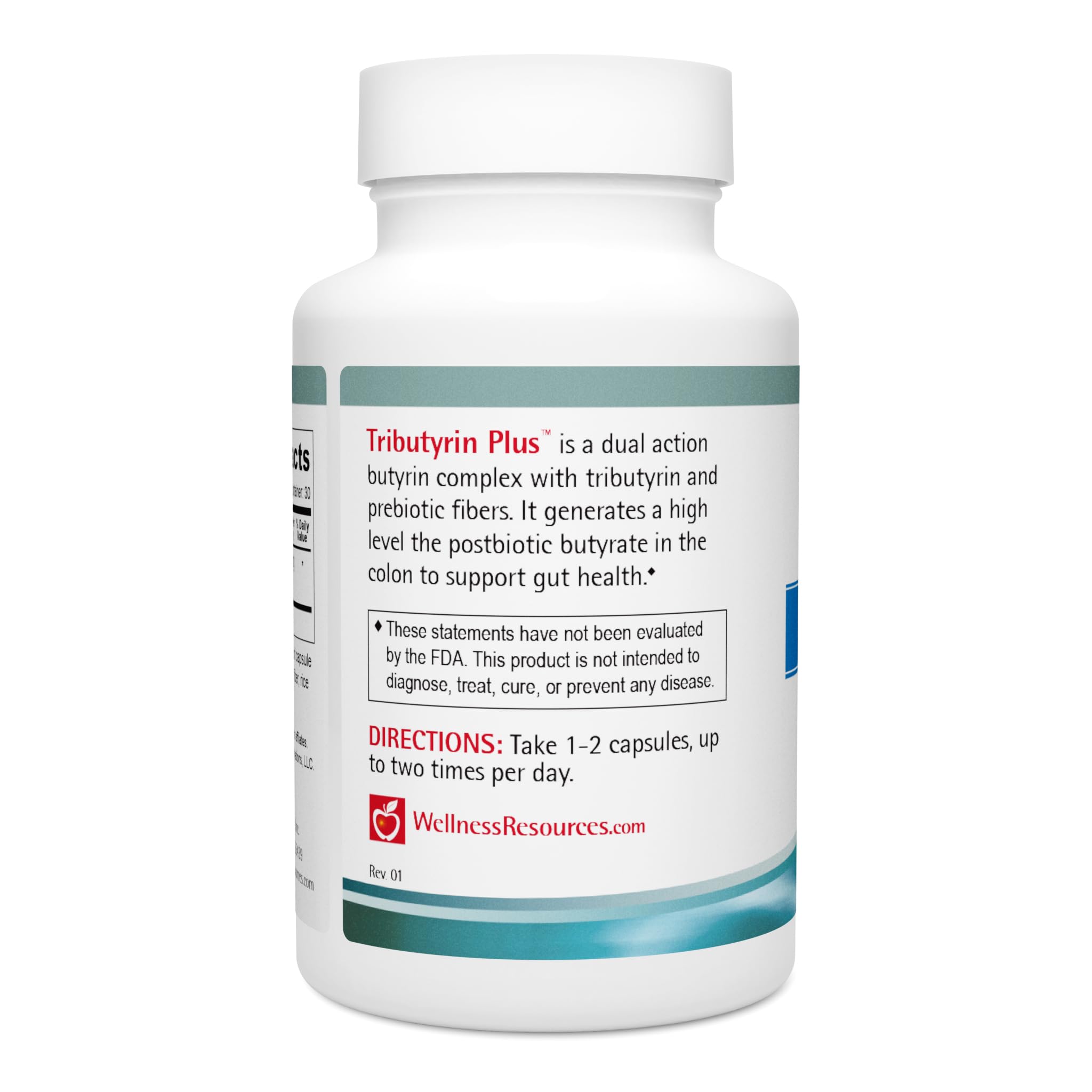 Wellness Resources Tributyrin Plus, etiqueta frontal del producto para transparencia de ingredientes.