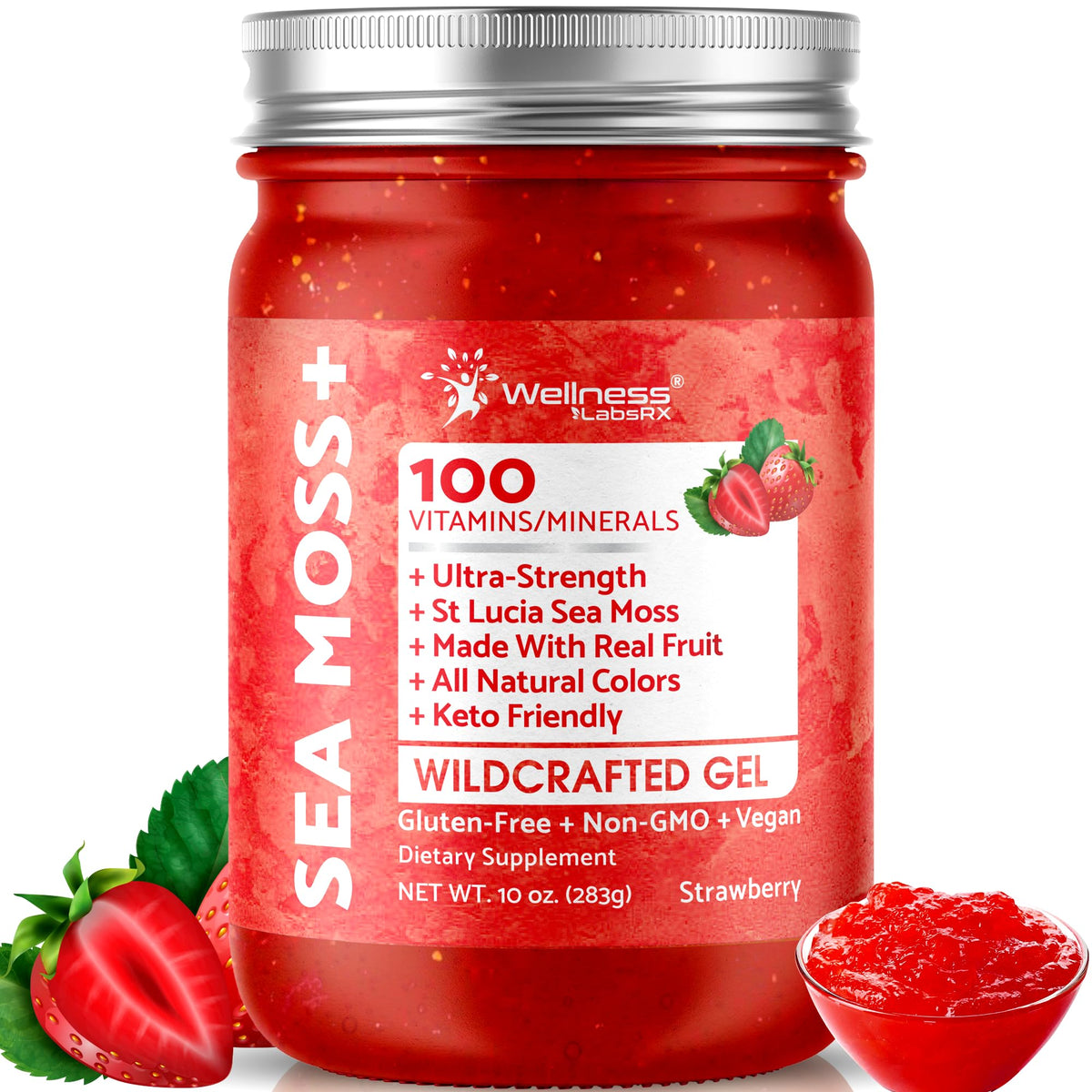 Gel de musgo marino irlandés WellnessLabsRx en bote, sabor fresa, para consumo diario.