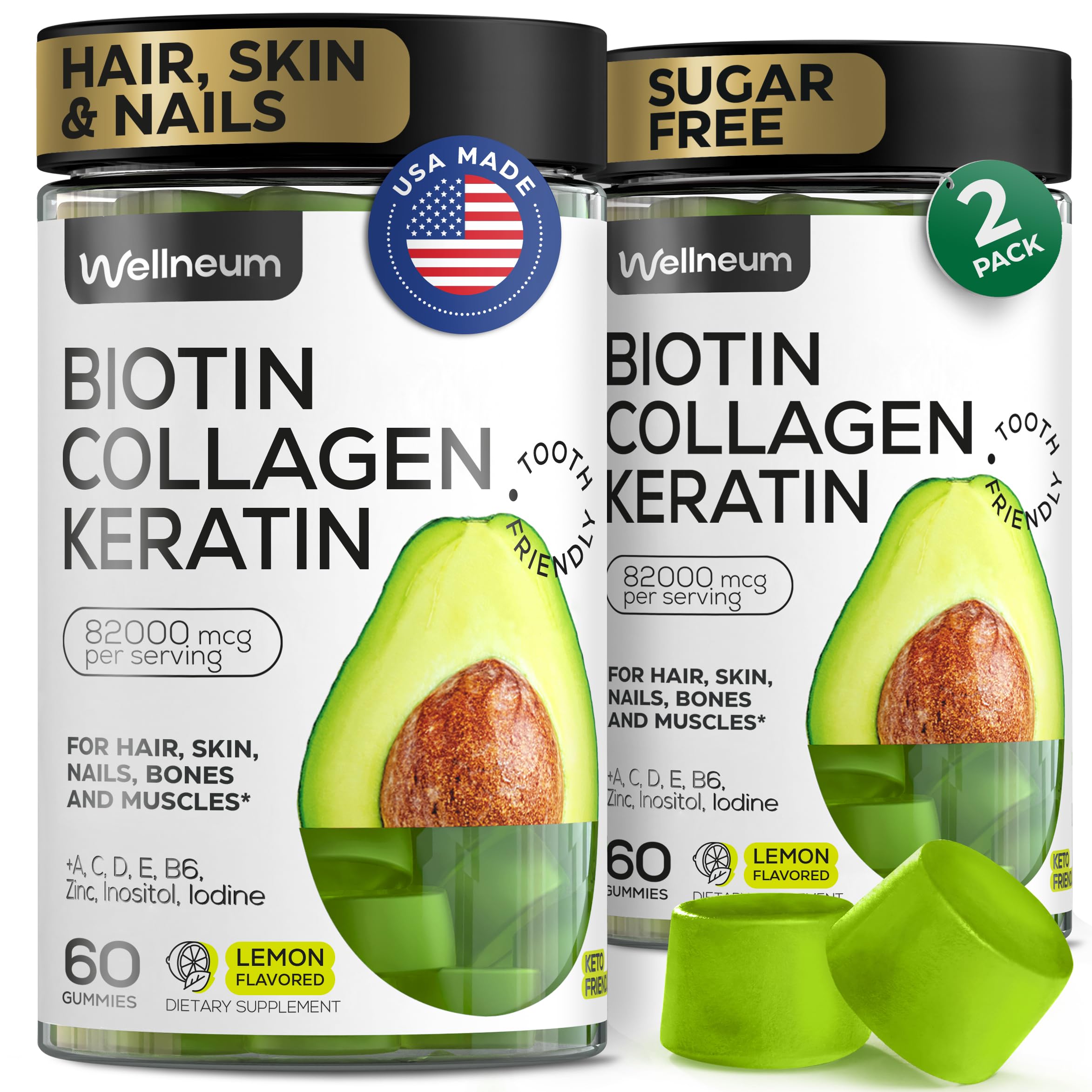 Wellneum Biotina botella frontal, gomitas para apoyar cabello y uñas.