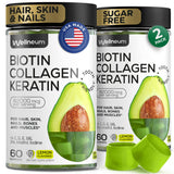 Wellneum Biotina botella frontal, gomitas para apoyar cabello y uñas.