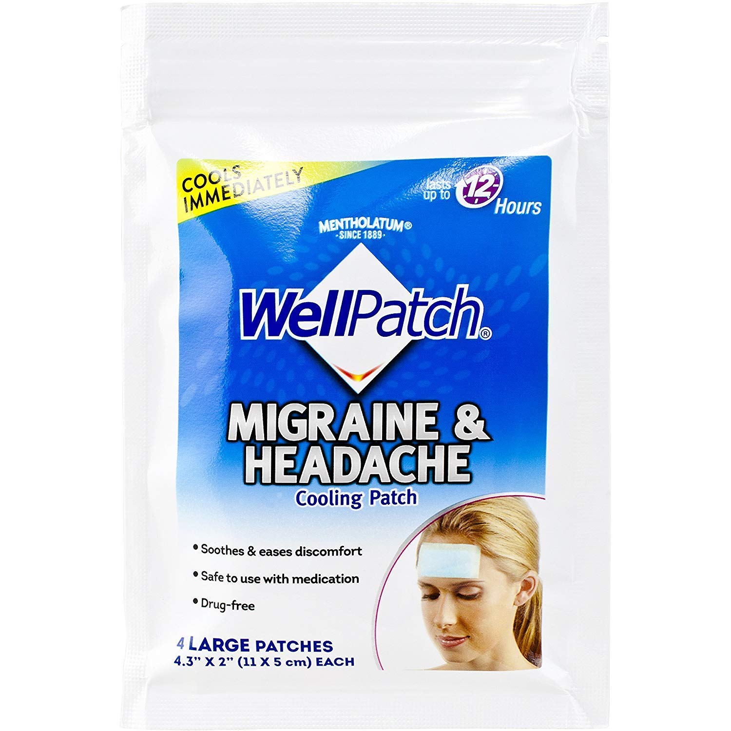 WellPatch parche frío aplicado en la frente para alivio refrescante inmediato, sin medicación.