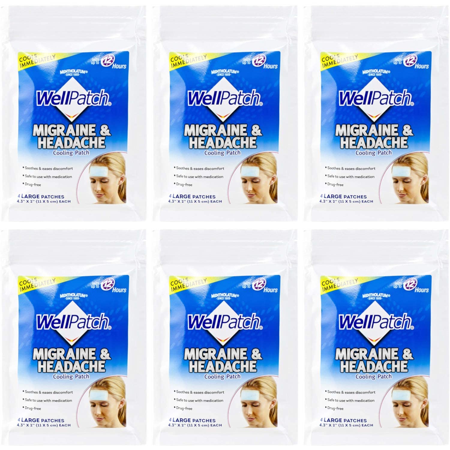 WellPatch empaque de parches fríos para la cabeza, listo para uso inmediato.