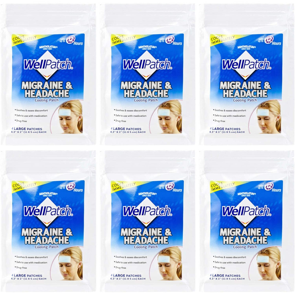 WellPatch empaque de parches fríos para la cabeza, listo para uso inmediato.