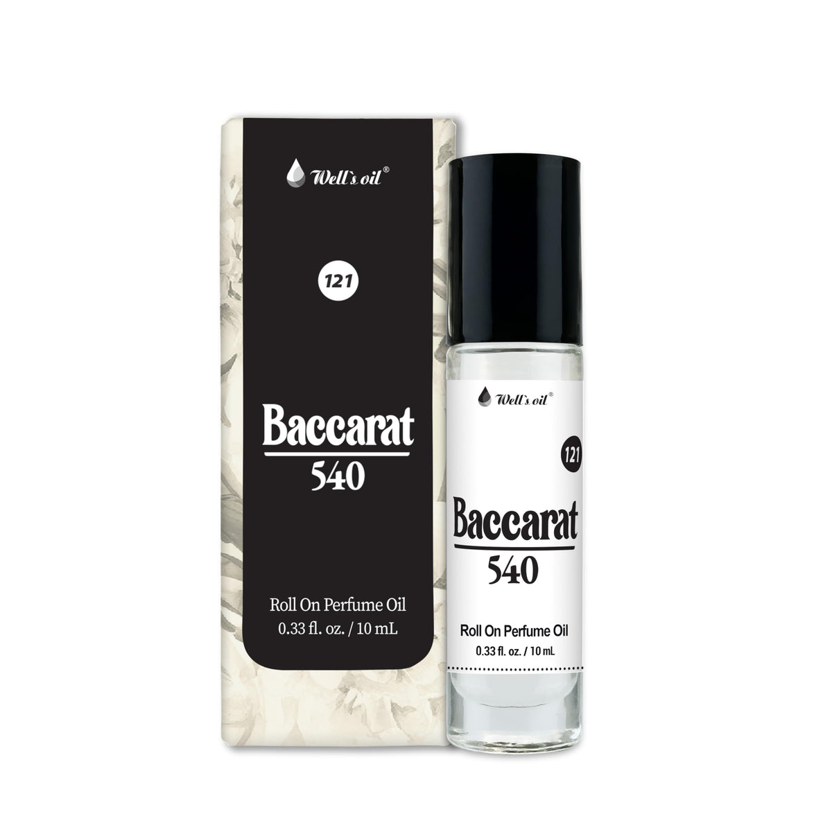 Well's Oil Bacarat 540, primer plano de la botella, fragancia duradera para todo el día.