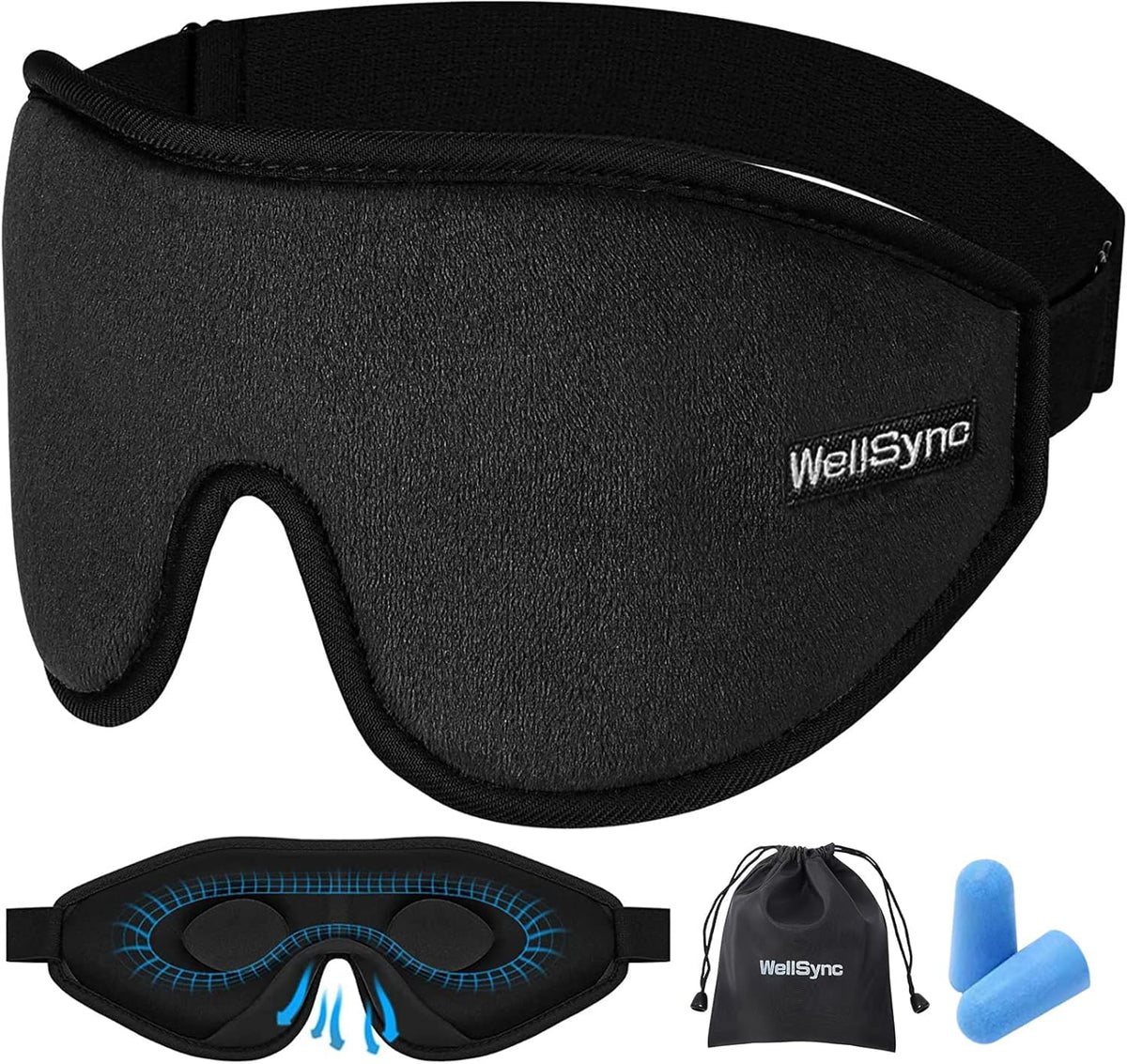 WellSync mascarilla de sueno 3D sin presion, diseño ergonómico para dormir sin incomodidad