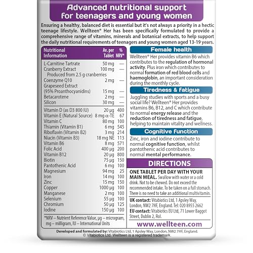 Wellteen Her etiqueta nutricional, guía clara de vitaminas y minerales para jóvenes.
