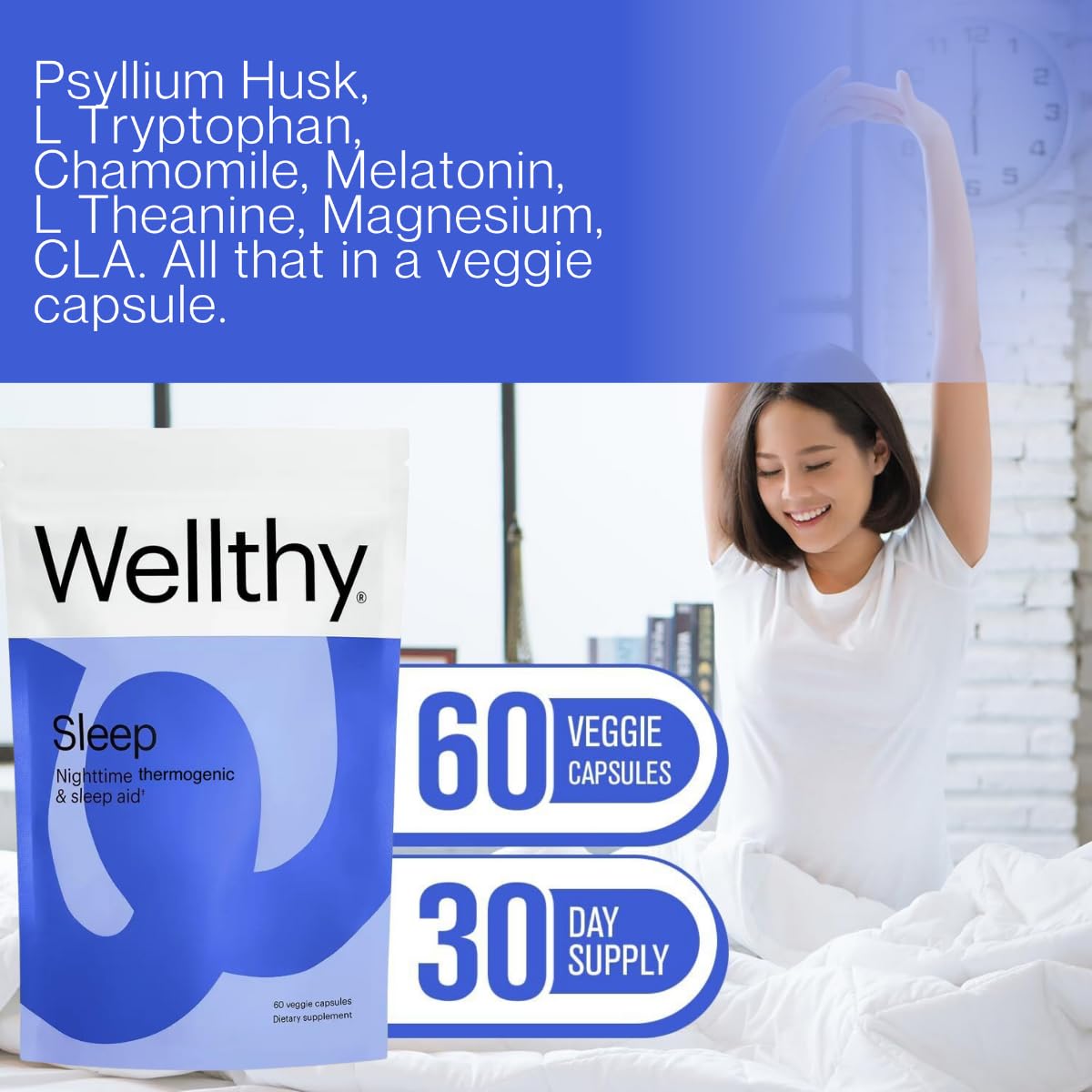 Wellthy Termogénico Nocturno en dormitorio, ambiente suave para descanso.