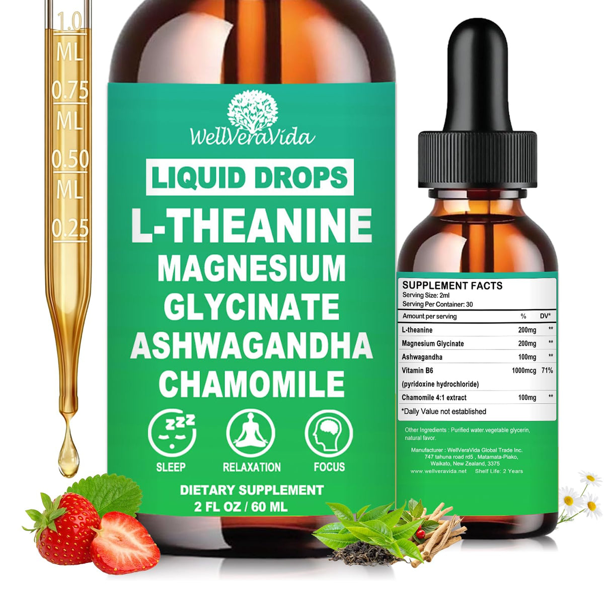 WellVeraVida L-Teanina Drops: botella para relajación diaria y claridad mental