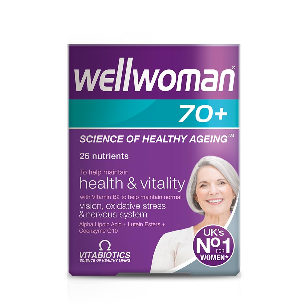 Wellwoman 70+ en botella con tabletas para nutrición diaria.
