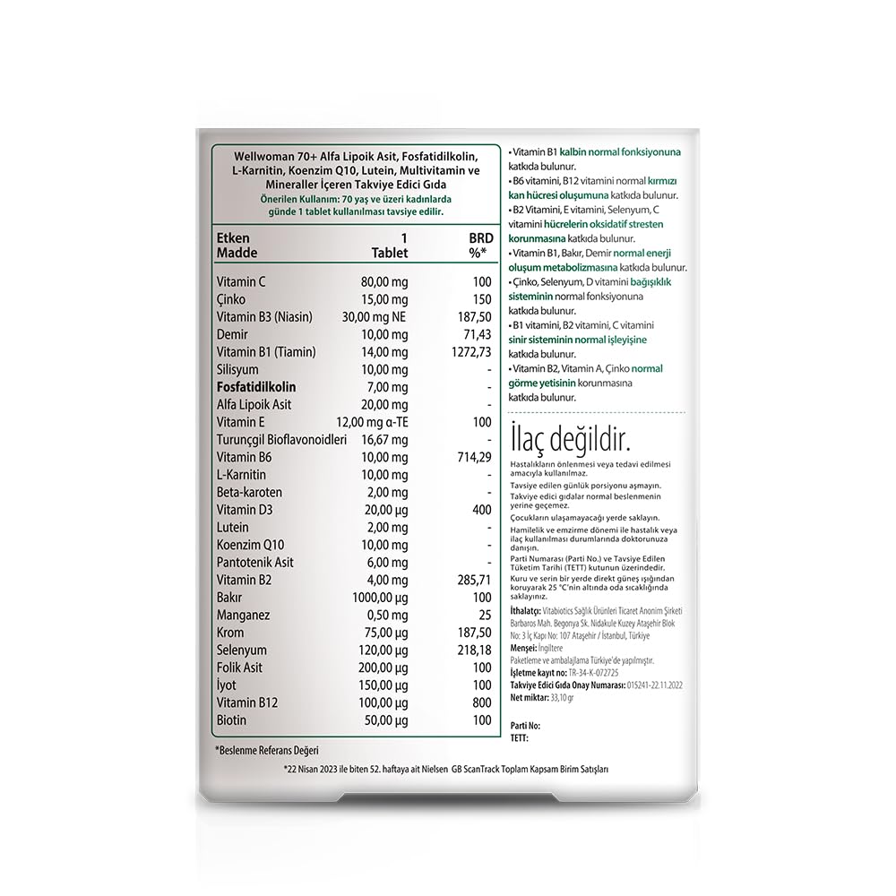 Paquete de Wellwoman 70+ con 30 tabletas para uso diario.