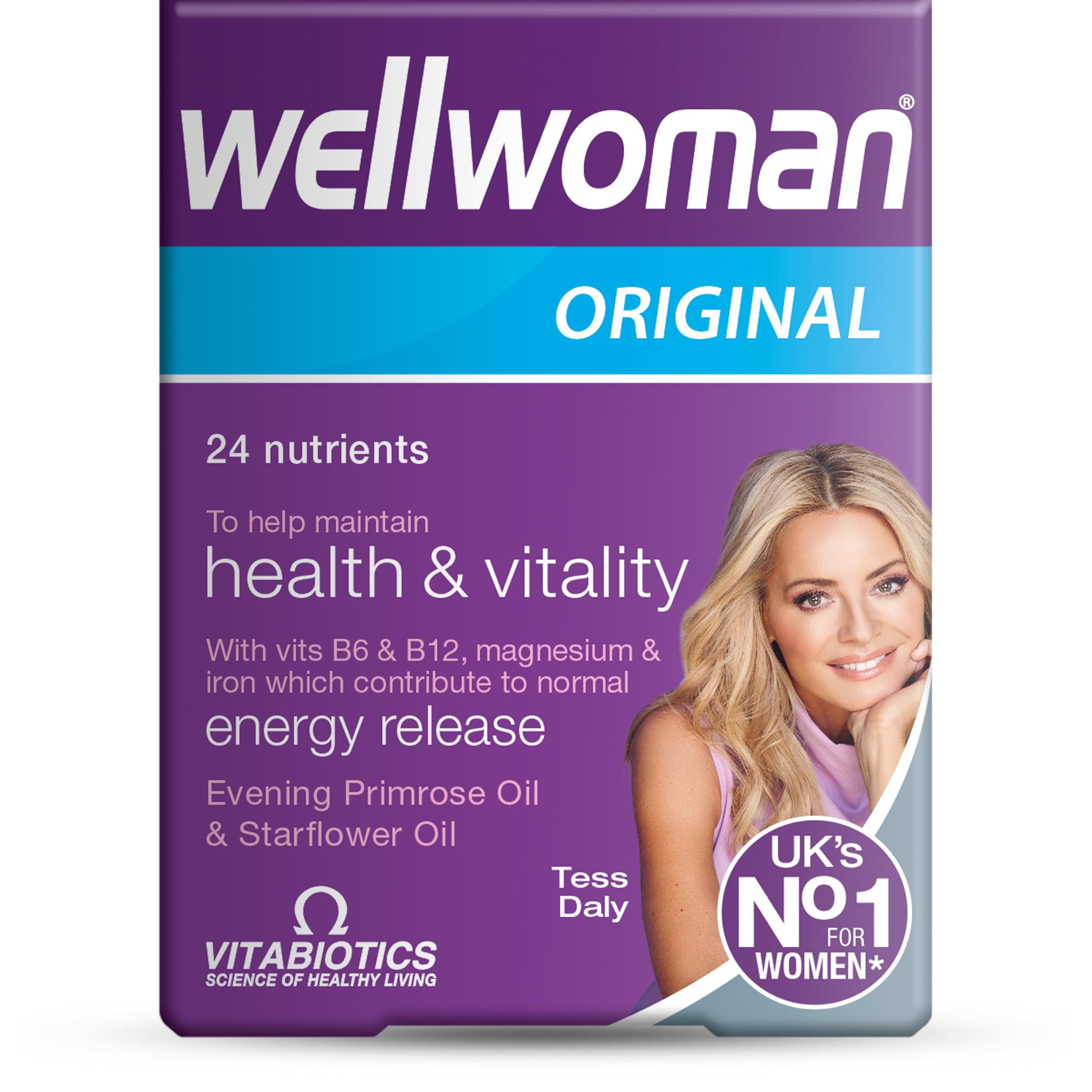 Wellwoman cápsulas frente al bote, uso diario para mujeres activas.