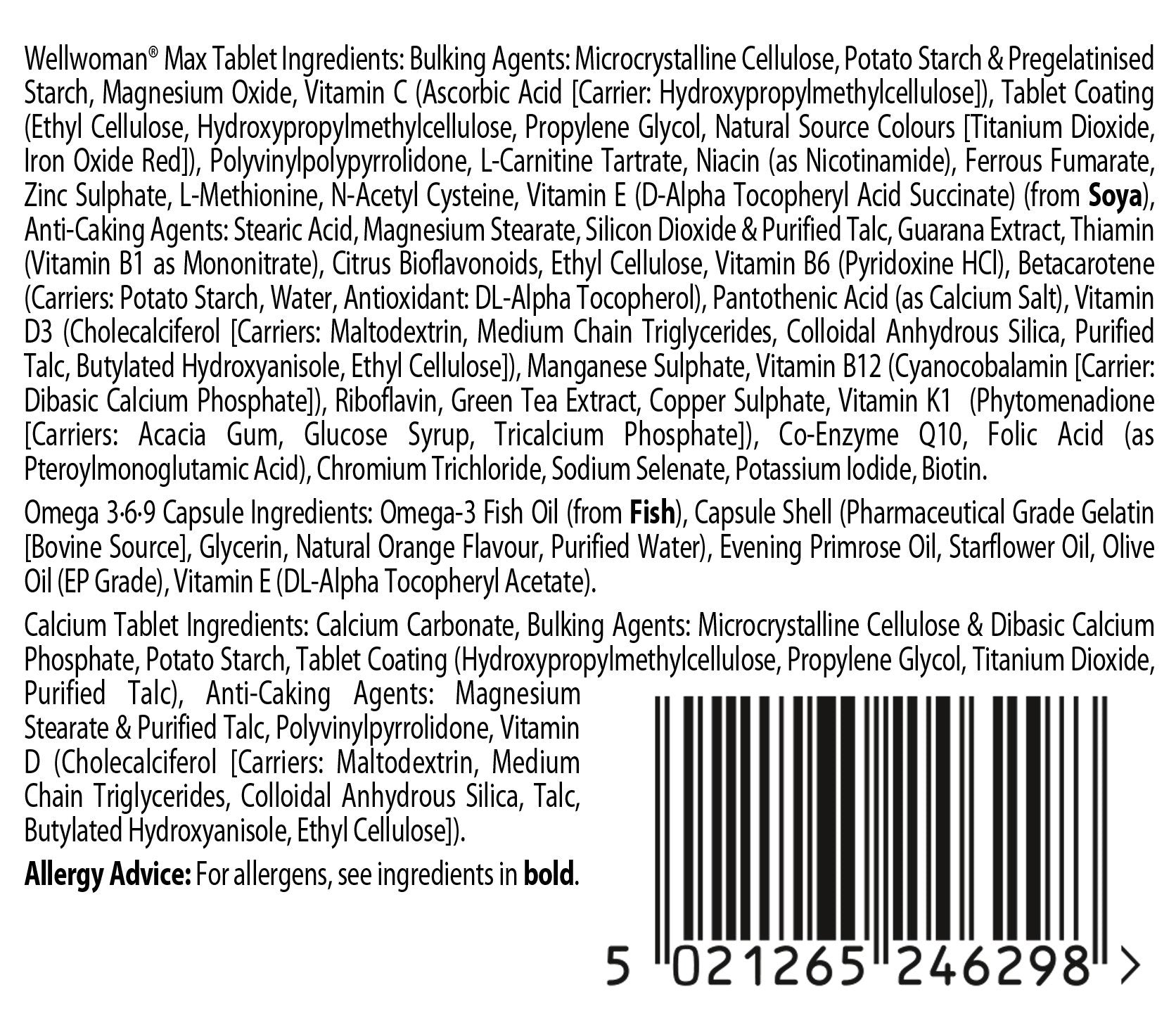 Wellwoman Max ingredientes clave para apoyo nutricional femenino.