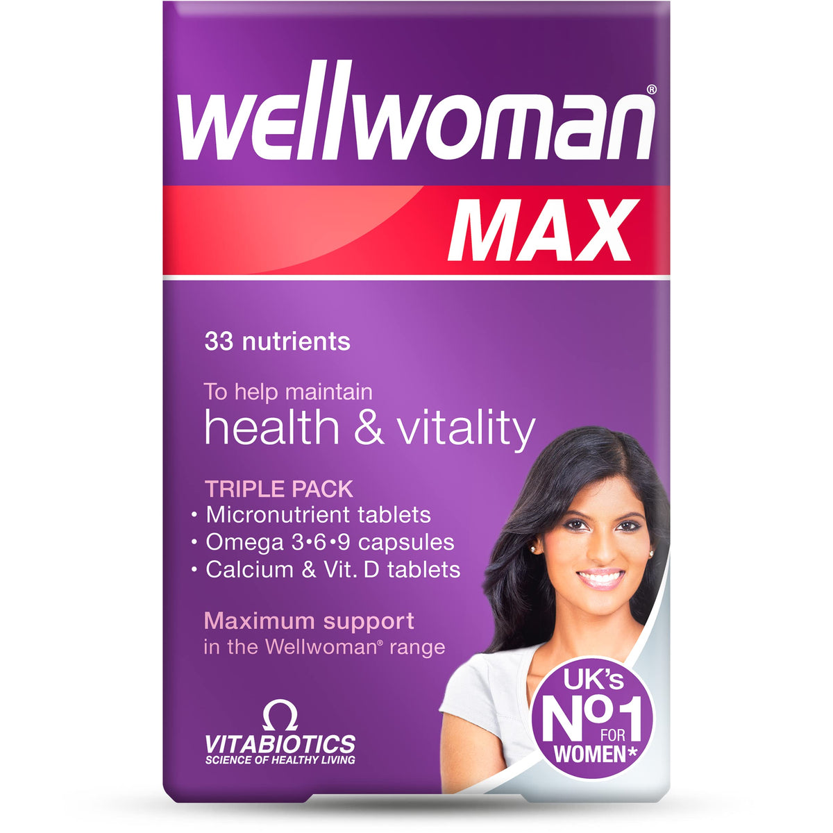 Wellwoman Max cápsulas micronutrientes-tabletas para apoyo diario de energía y vitalidad.