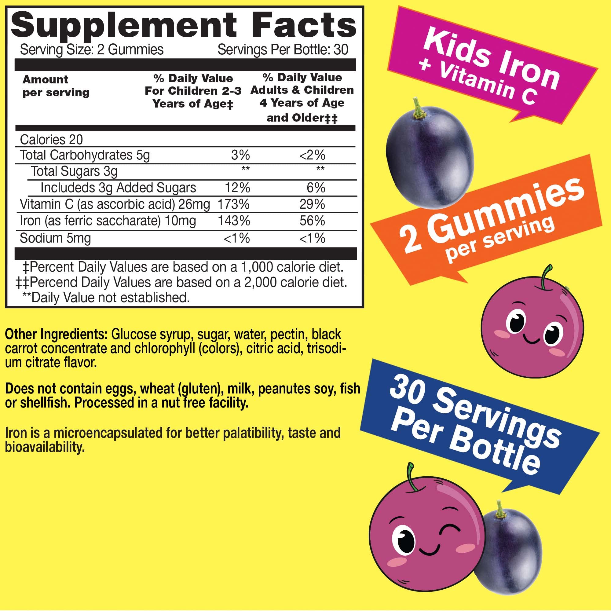 WellYeah gomitas de hierro para niños, envase visible, sabor uva, apoyo a la vitalidad diaria.