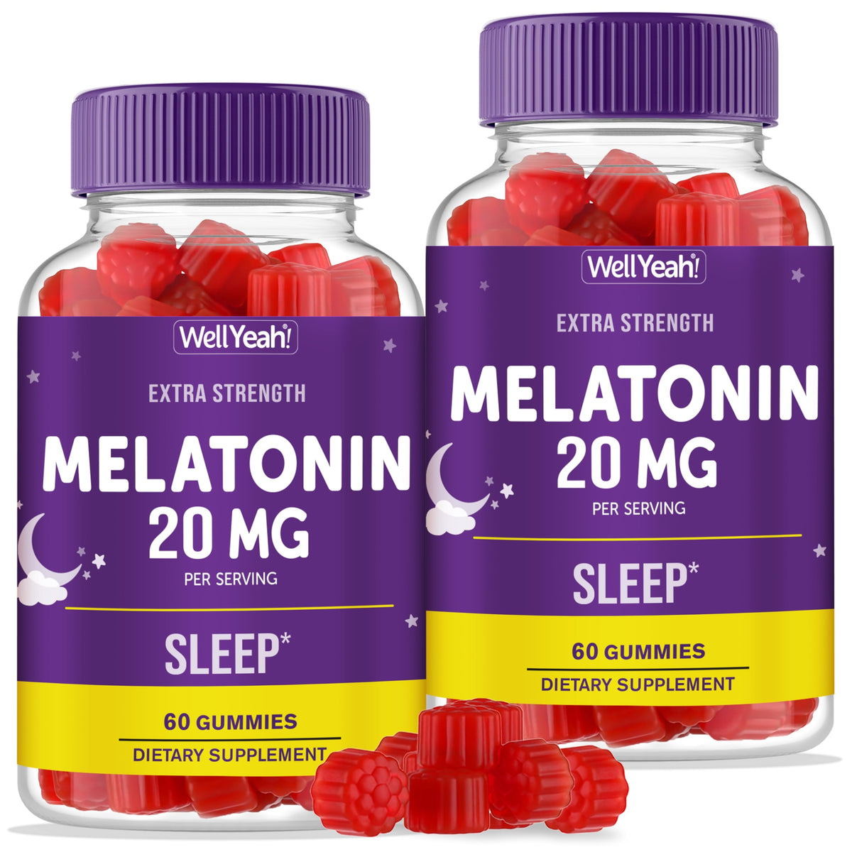 WellYeah gomitas melatonina 20 mg, empaque frontal, apoyo nocturno natural