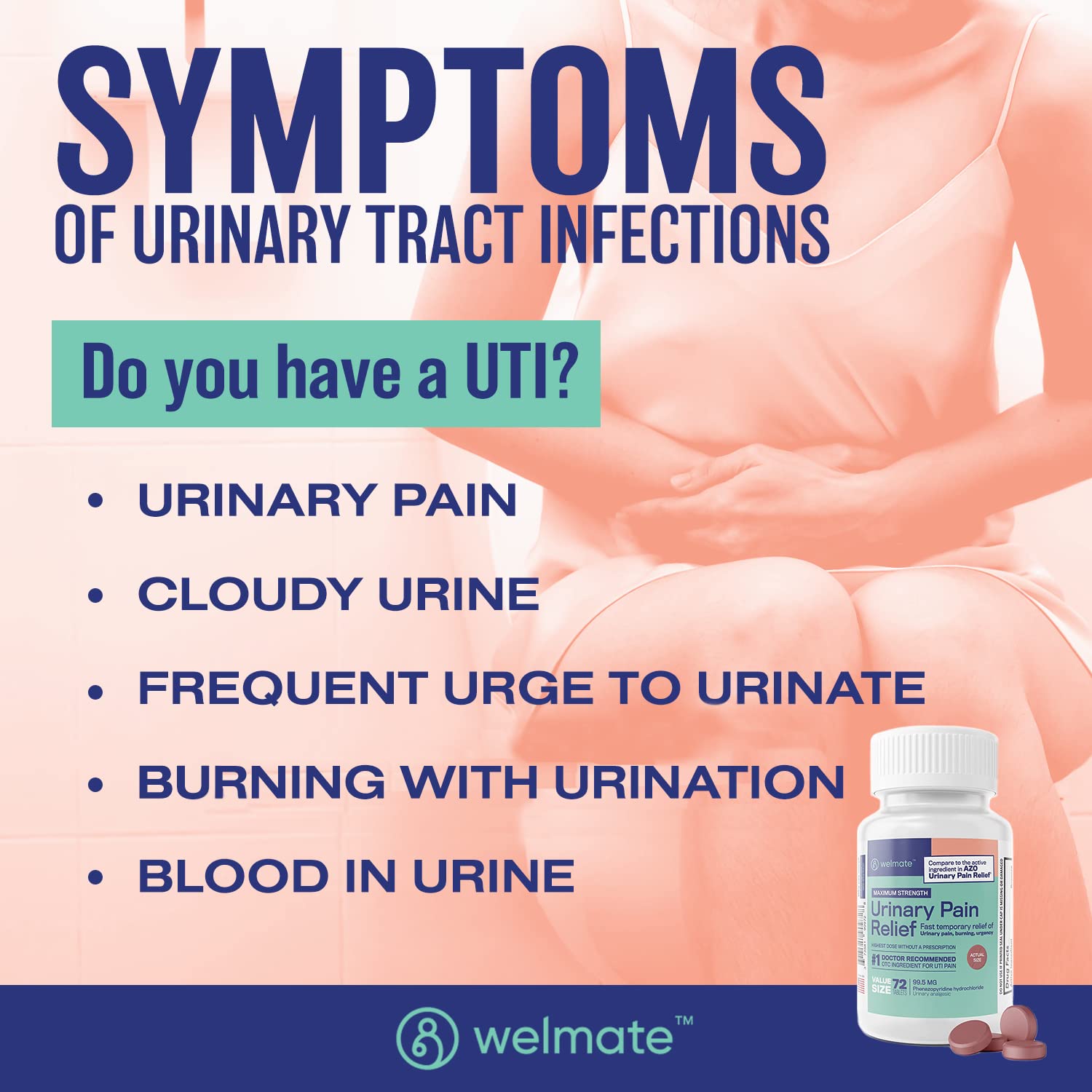 WELMATE acción rápida para irritación urinaria, alivio en minutos.