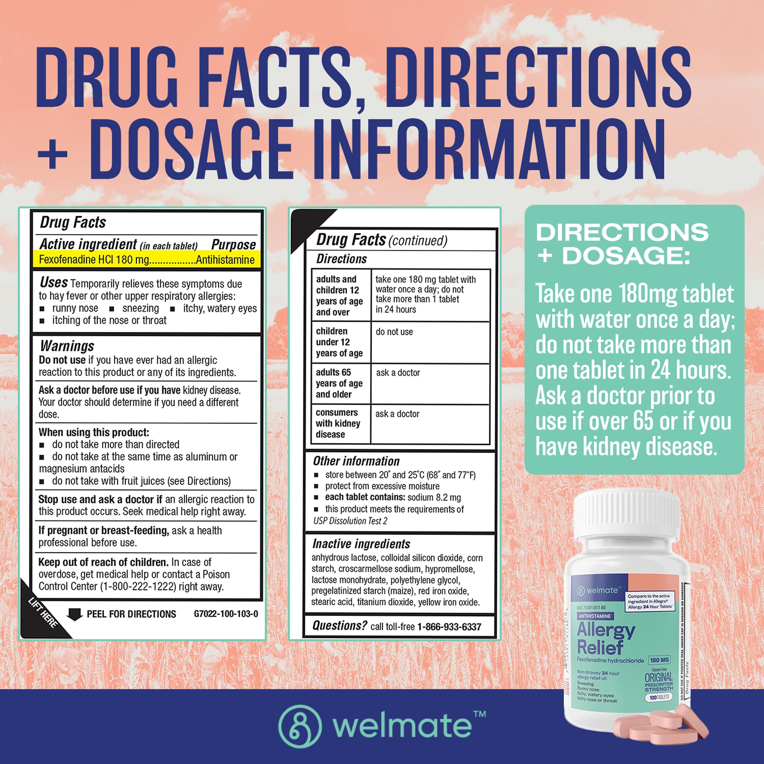 Welmate tabletas alergia 180 mg: soporte de 24 horas para estornudos y nariz.