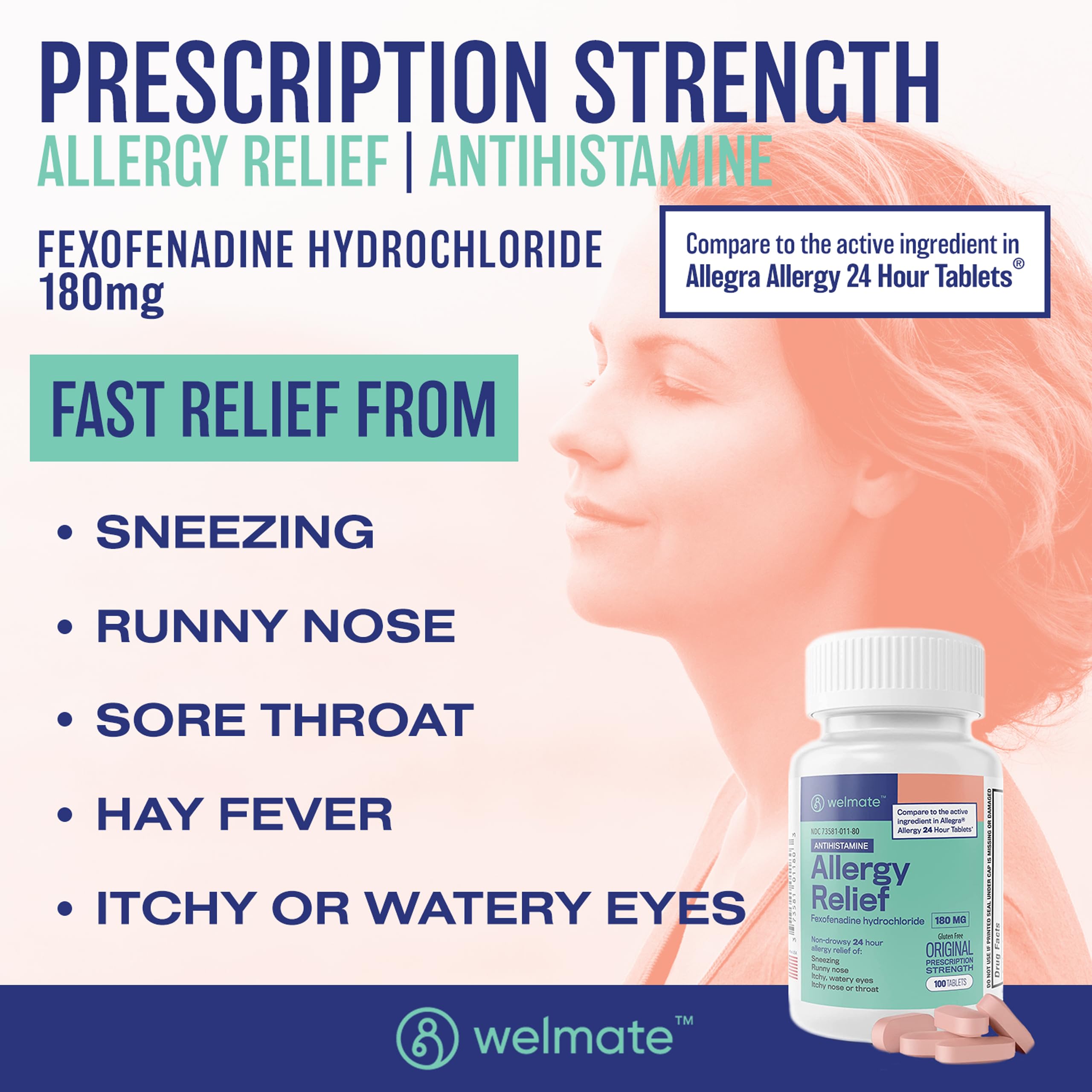 Welmate tabletas alergia 180 mg: dosis diaria para alivio de síntomas.