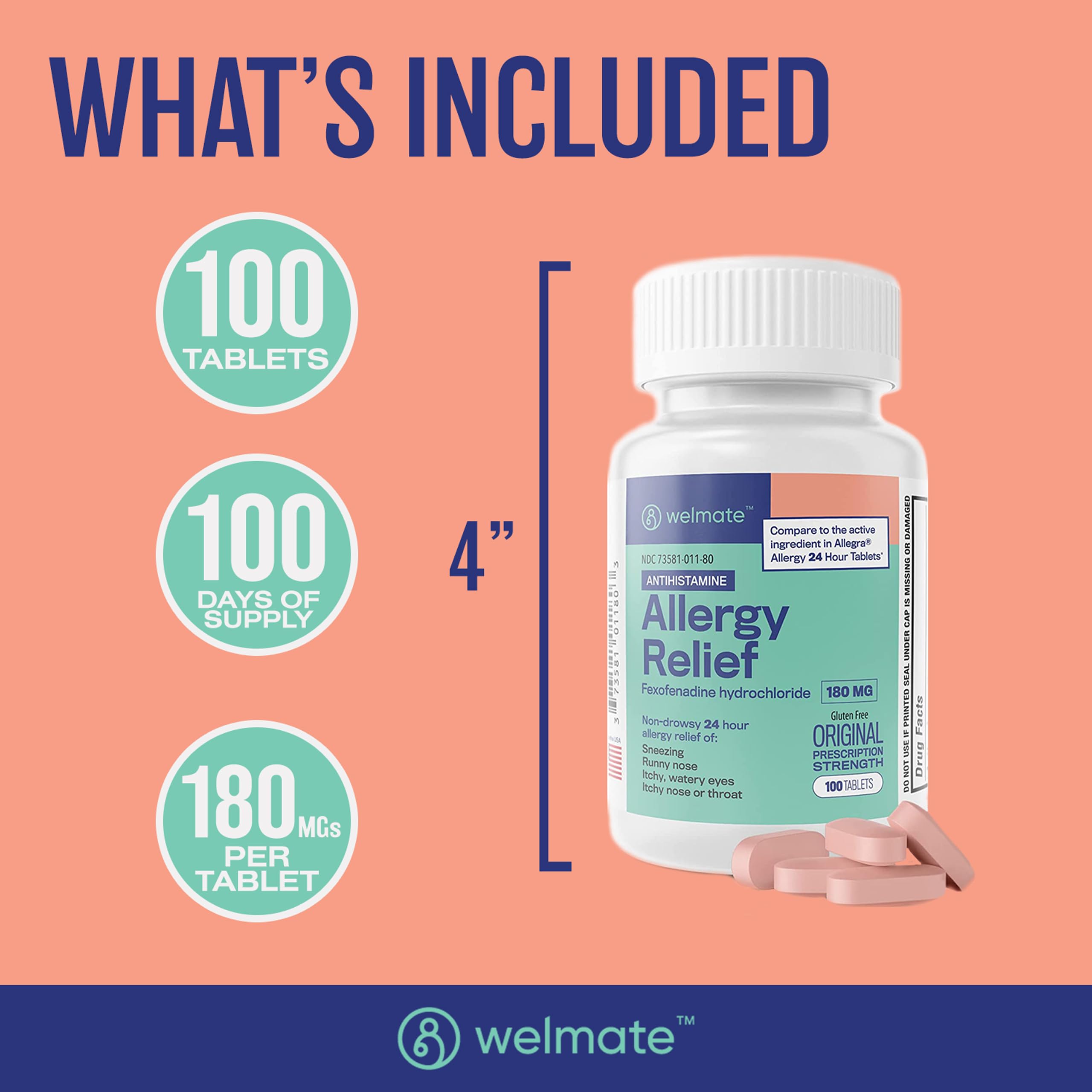 Welmate tabletas alergia 180 mg: envase interior de la caja.